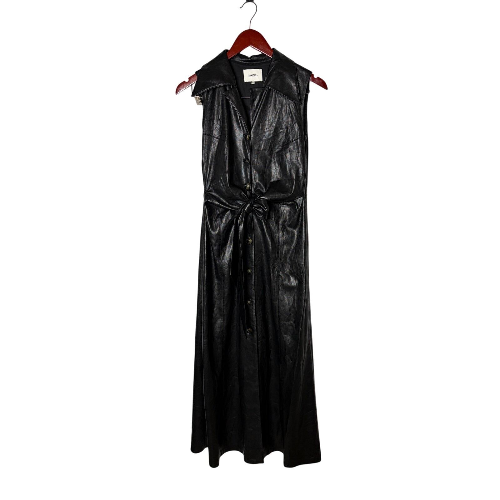 Nanushka The Sharma Black Faux leather tie front dress sz XS - crrs.pl