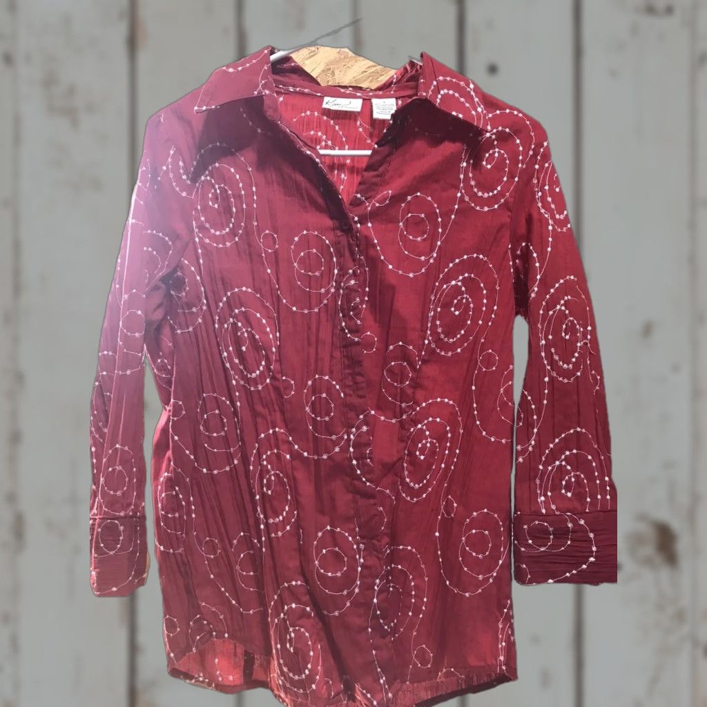 Vintage KIM ROGERS Button-Up Shirt Womens Small Red/White Embroidered 3/4 Sleeve Cotton Size S / US 4 / IT 40 - 1 Thumbnail