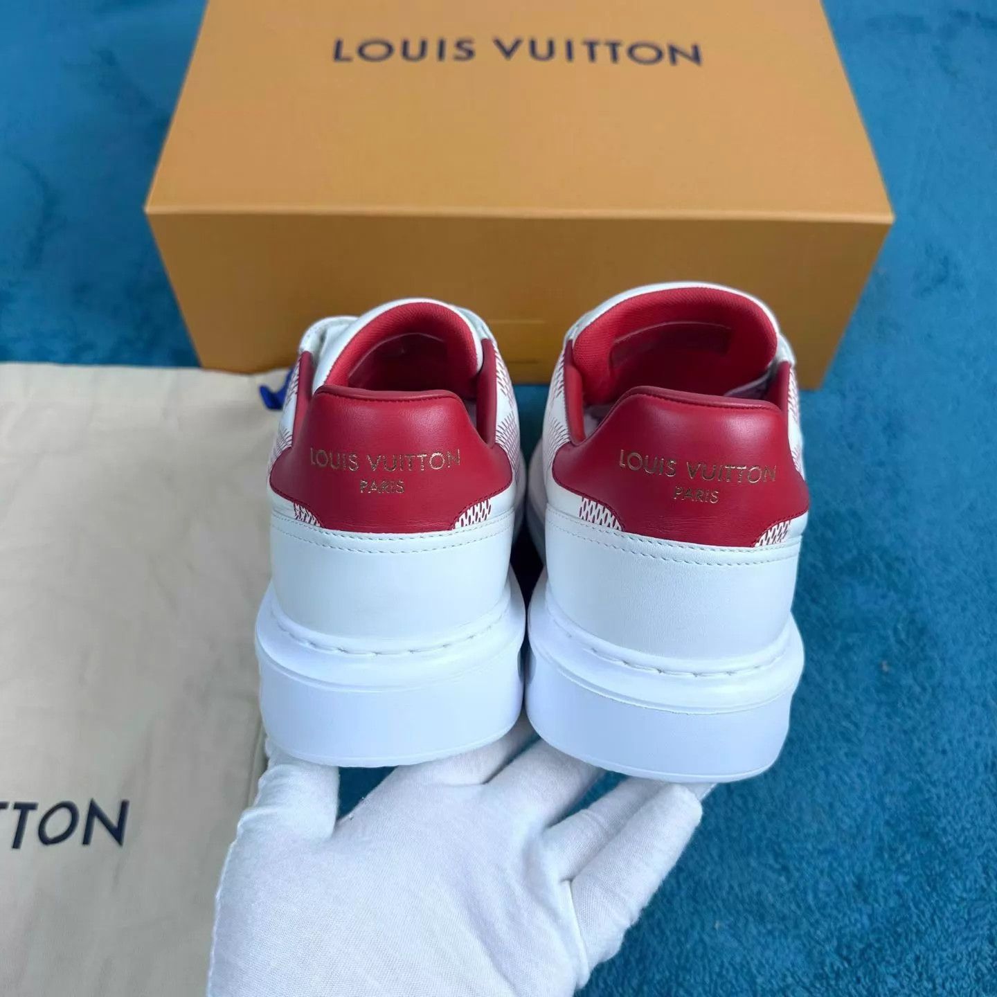 Louis Vuitton lv Beverly Hills Leather Low Top Shoes White/Red 7.5/41.5 Size US 8.5 / EU 41-42 - 4 Thumbnail