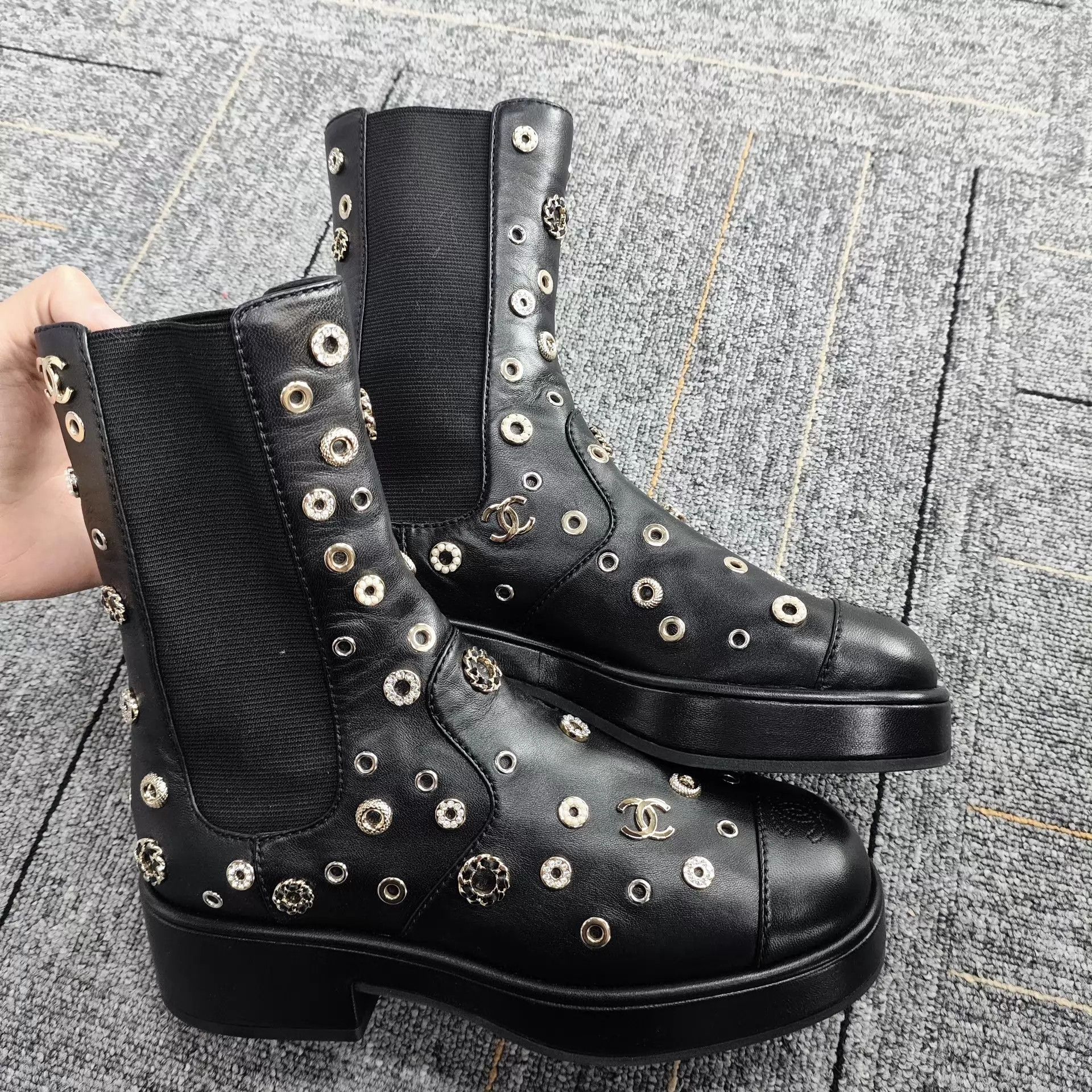 Chanel CHANEL Crystal - Embellished Black Short Boots 38 Size US 7.5 / IT 37.5 - 4 Thumbnail
