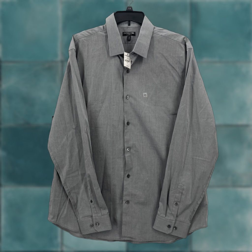 Express Express Mens Shirt 2XL Gray Dress Button Down Long Sleeve Office Casual Size US XXL / EU 58 / 5 - 1 Thumbnail