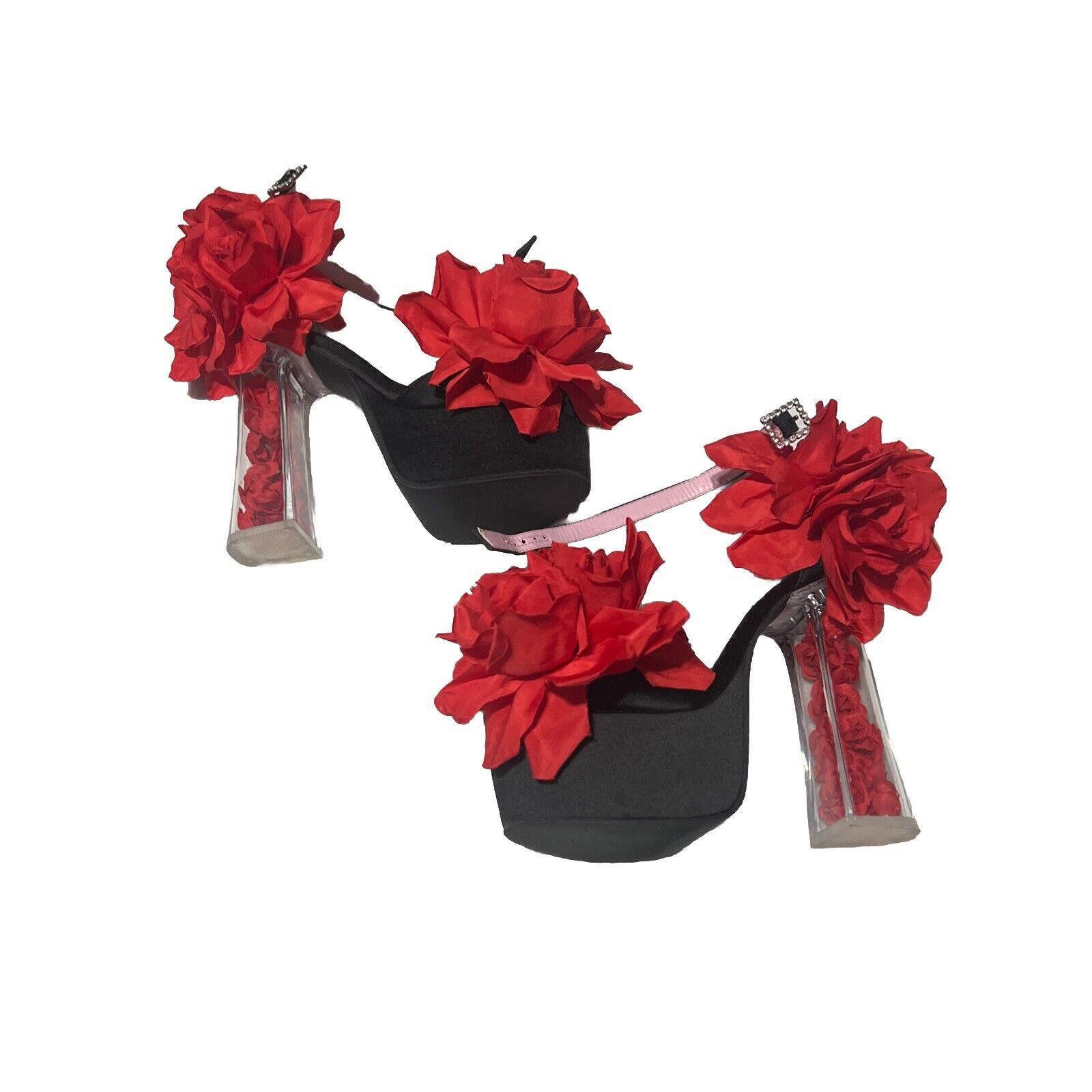 Designer Size 8 Two To Tango Rose Platform Heels Faux Flowers Black Size US 8 / IT 38 - 1 Thumbnail