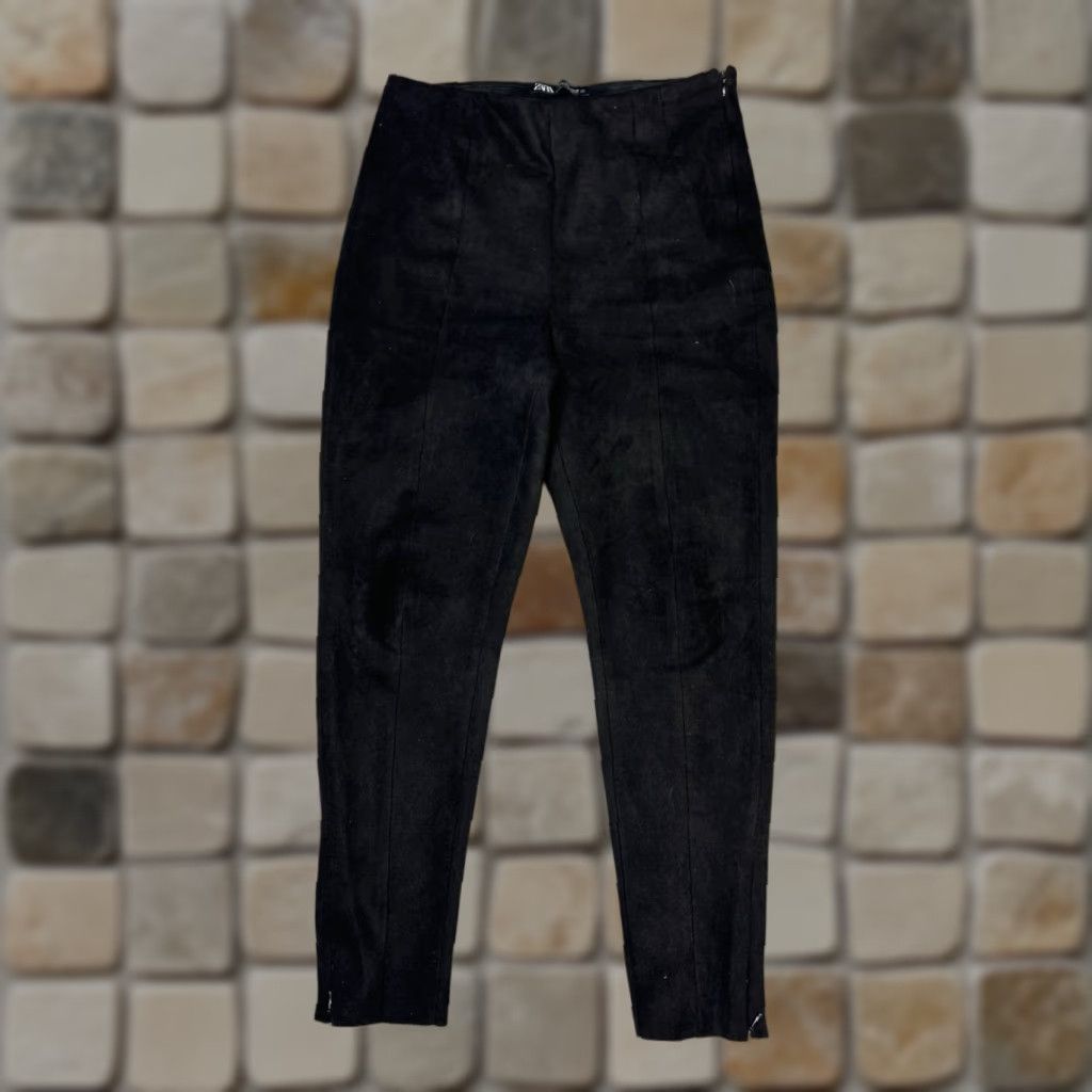 Zara Zara Leggings Women Large Black Suede High Rise Ankle Side Zip Stretch Size 36" / US 14 / IT 50 - 1 Thumbnail