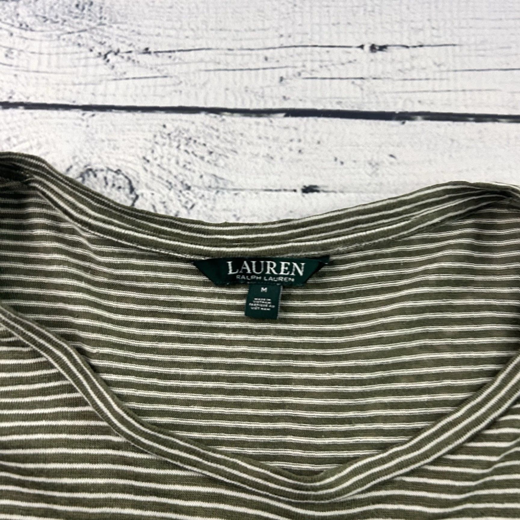 Ralph Lauren Lauren Ralph Lauren Linen Blend Short Sleeve Striped T-Shirt Women's M Olive Green Falls Womens IFR Size M / US 6-8 / IT 42-44 - 2 Thumbnail