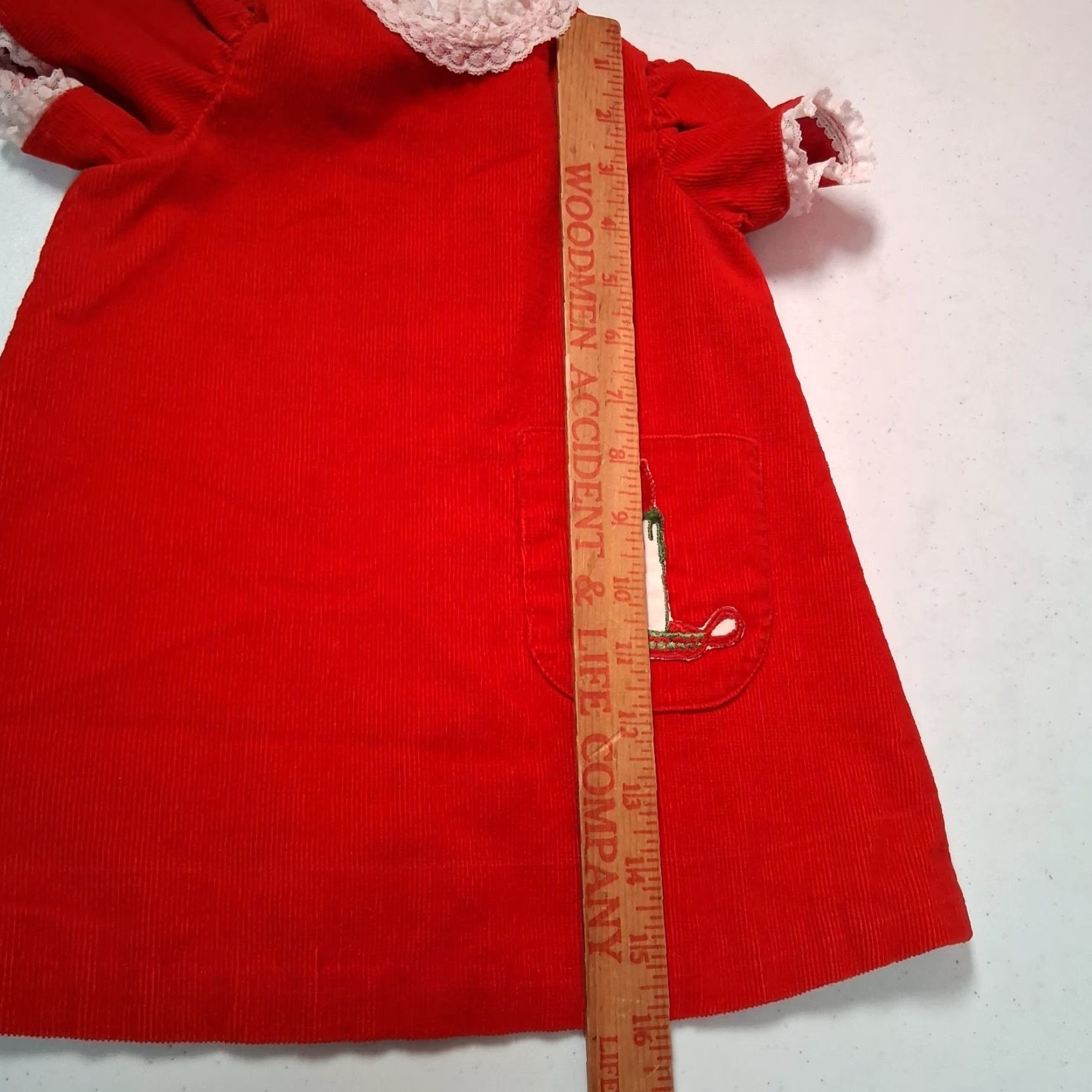 Vintage VINTAGE Handmade Christmas Dress Red Corduroy Lace Trim Candlestick Holiday Girls Size ONE SIZE - 4 Thumbnail