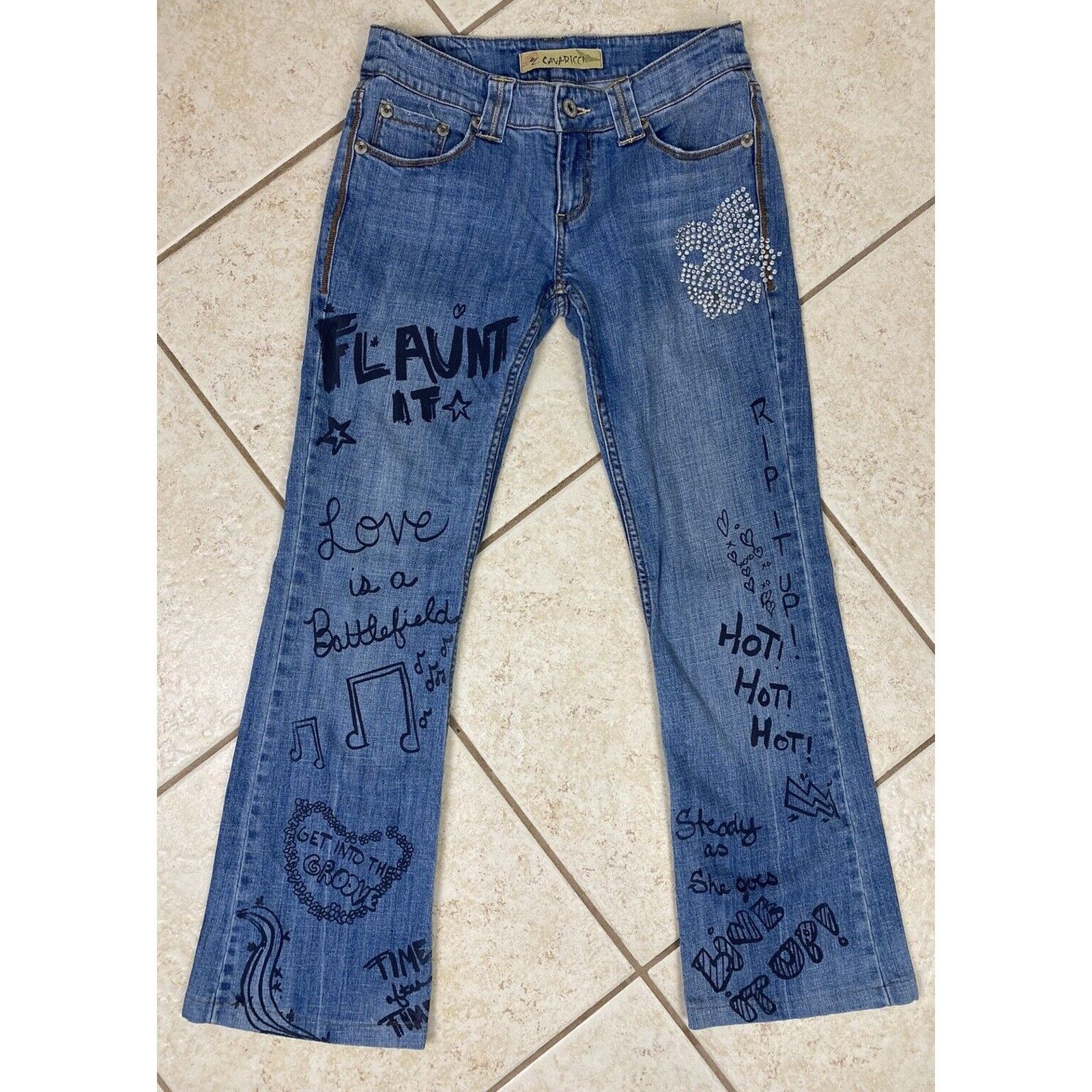 Other VTG Z Cavaricci Denim Jeans Rhinestones Graffiti Bootcut Size 25" / US 0 / IT 36 - 1 Thumbnail