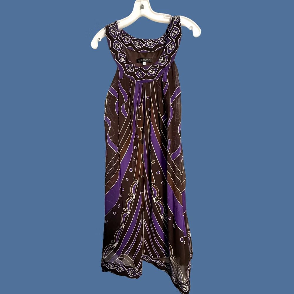 Vintage Sue Wong Dress Womens 10 Brown Purple Silk Trapeze Scoop Neck Knee Sundress Dresses Size L / US 10 / IT 46 - 1 Thumbnail