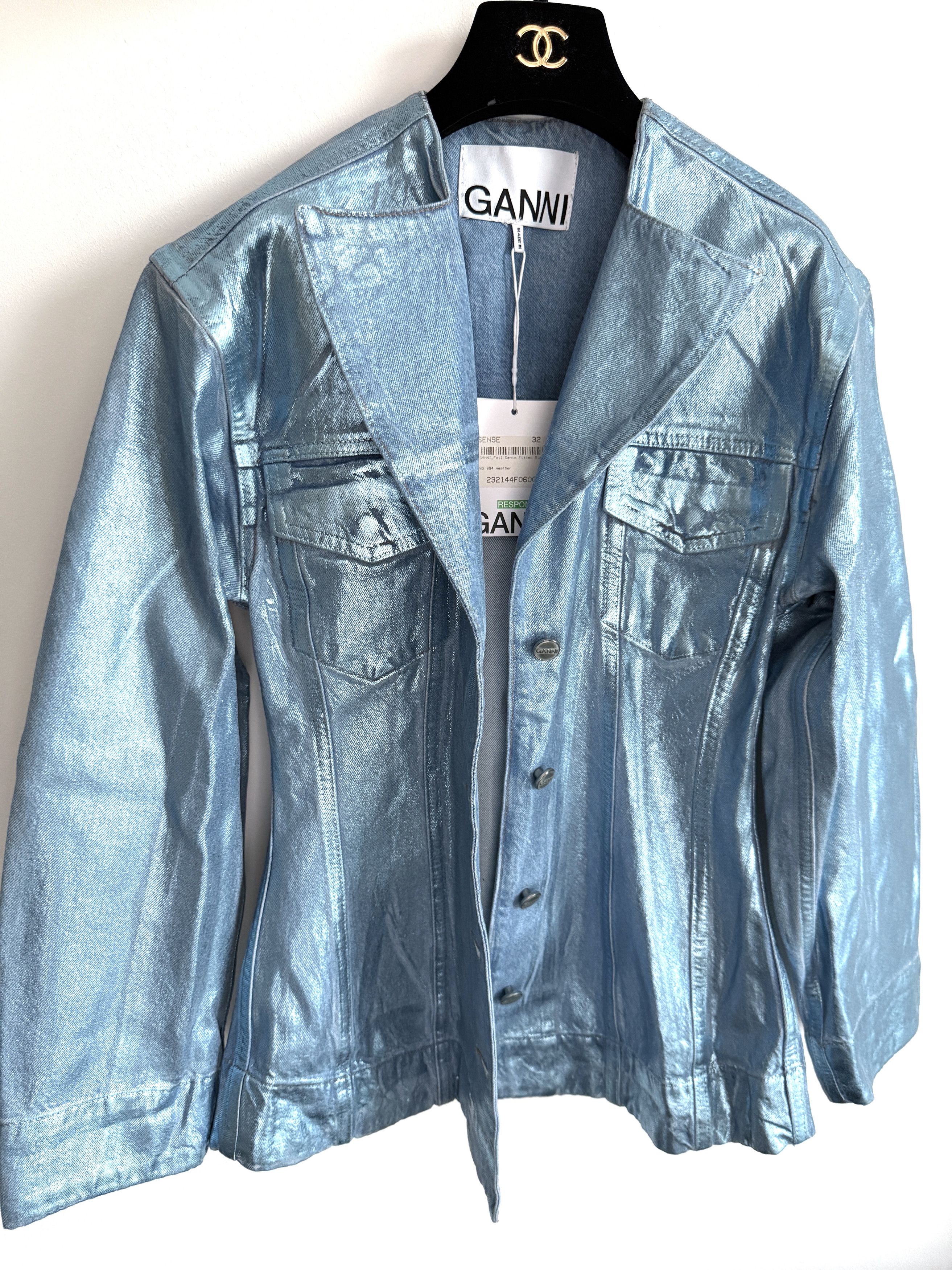 Ganni USD595 GANNI BLUE FOIL DENIM JACKET Size XS / US 0-2 / IT 36-38 - 2 Thumbnail
