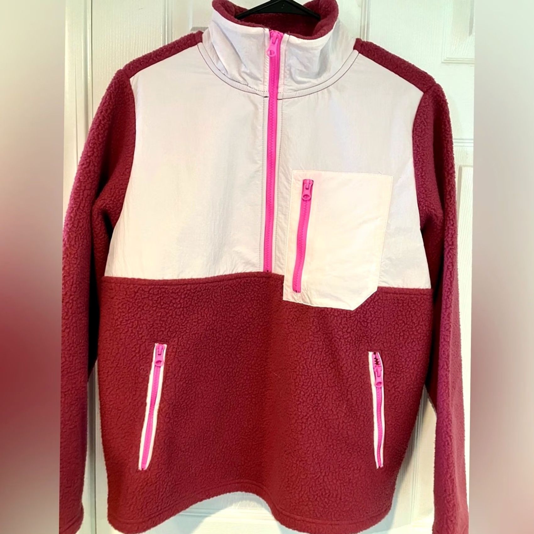 Pinko TeVerde Colorblock Sherpa Quarter Zip Mixed Media Pullover Jacket Pink White S Size S / US 4 / IT 40 - 5 Thumbnail