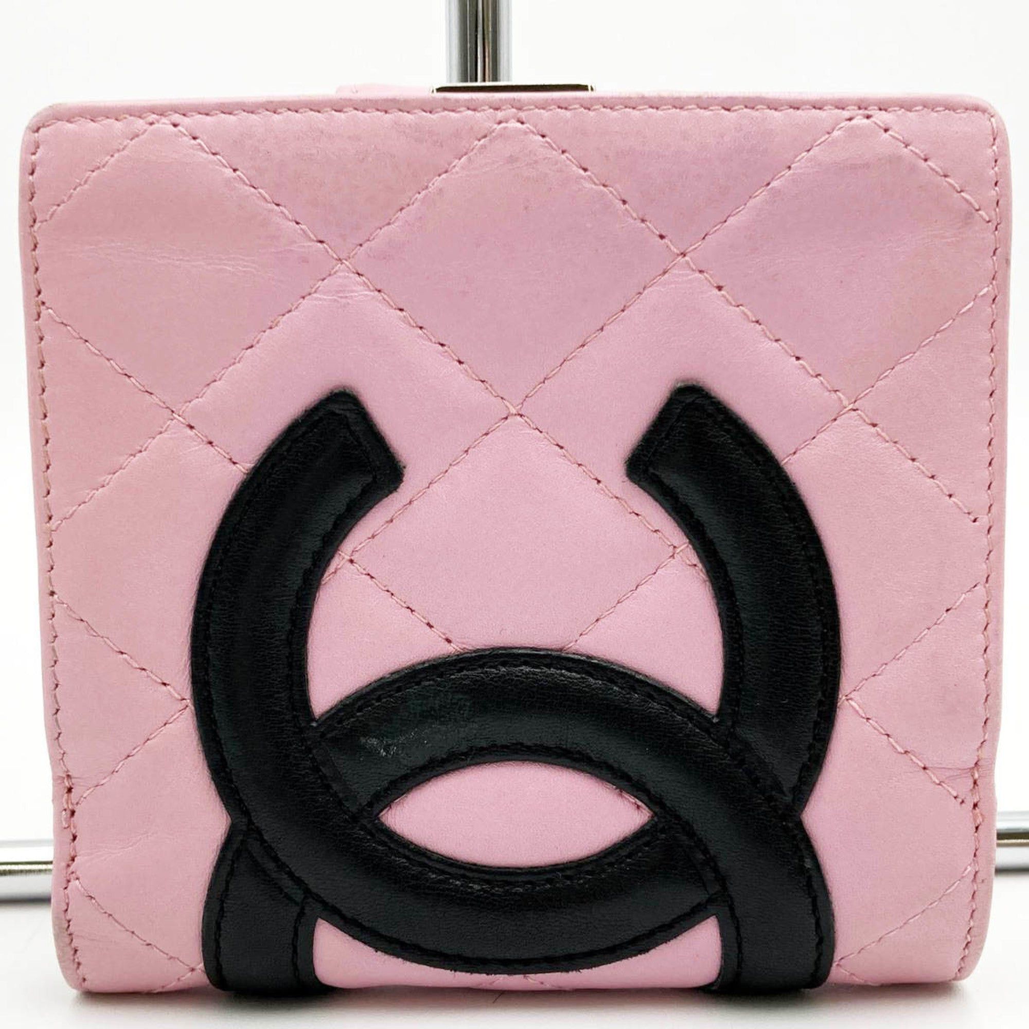 image of Chanel Cambon Line Bifold Wallet Coco Mark Pink Black Leather Ladies Fashion Accessories, Women's