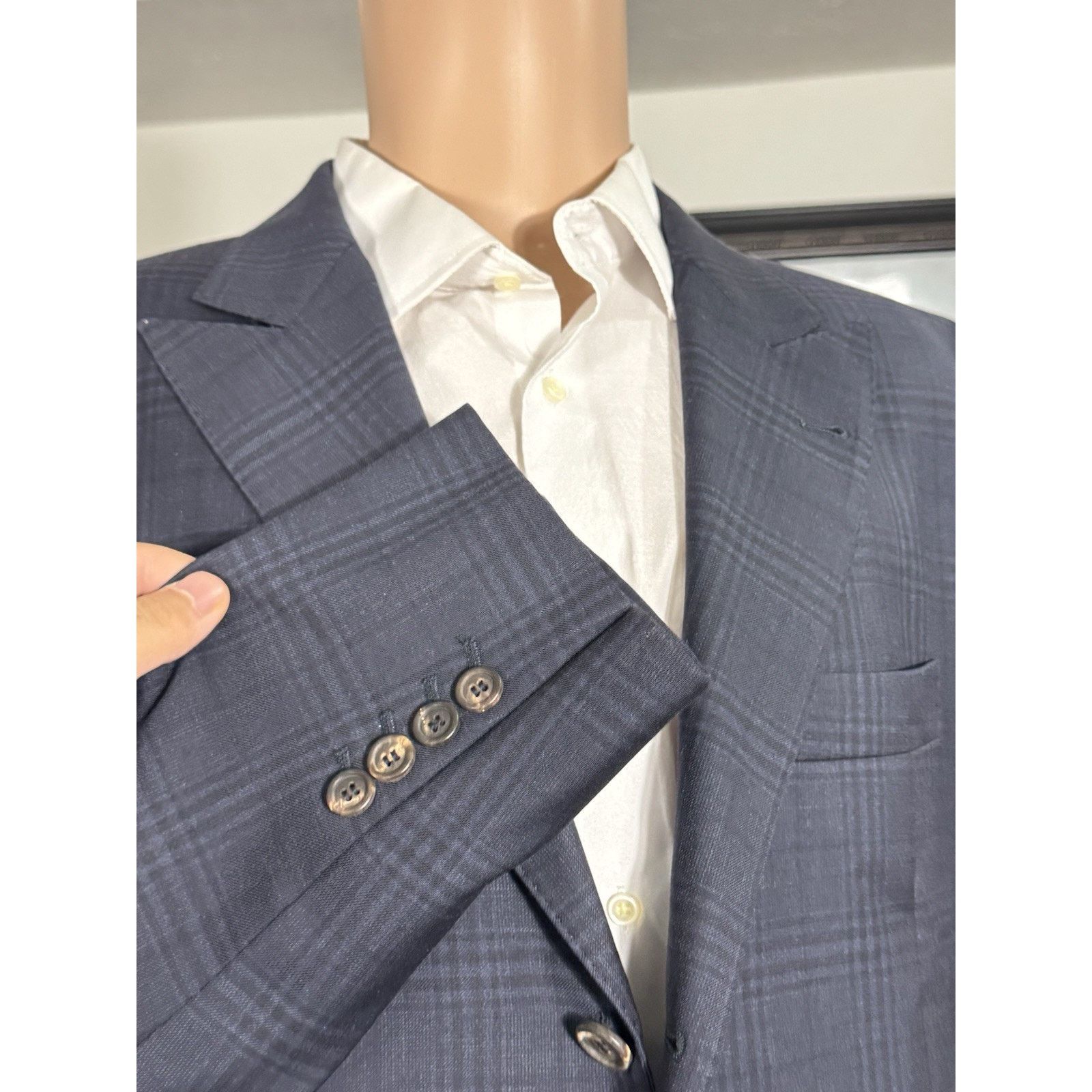 Brunello Cucinelli Brunello Cucinelli Navy Peak Lapel Wool Blazer Plaid 54/44 Size 44R - 4 Thumbnail