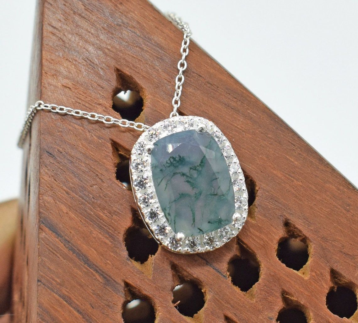 Handmade Moss Agate 925 Sterling Silver Necklace: Meditation Jewelry Size ONE SIZE - 2 Thumbnail