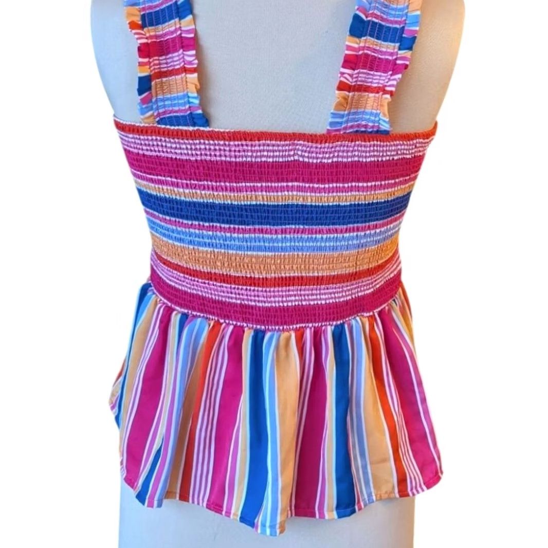 Rainbow Unbranded Multicolor Striped Smocked Peplum Top Ruffle Strap Square Neck Size S Women Sleeveless Crop Top Size S / US 4 / IT 40 - 2 Thumbnail