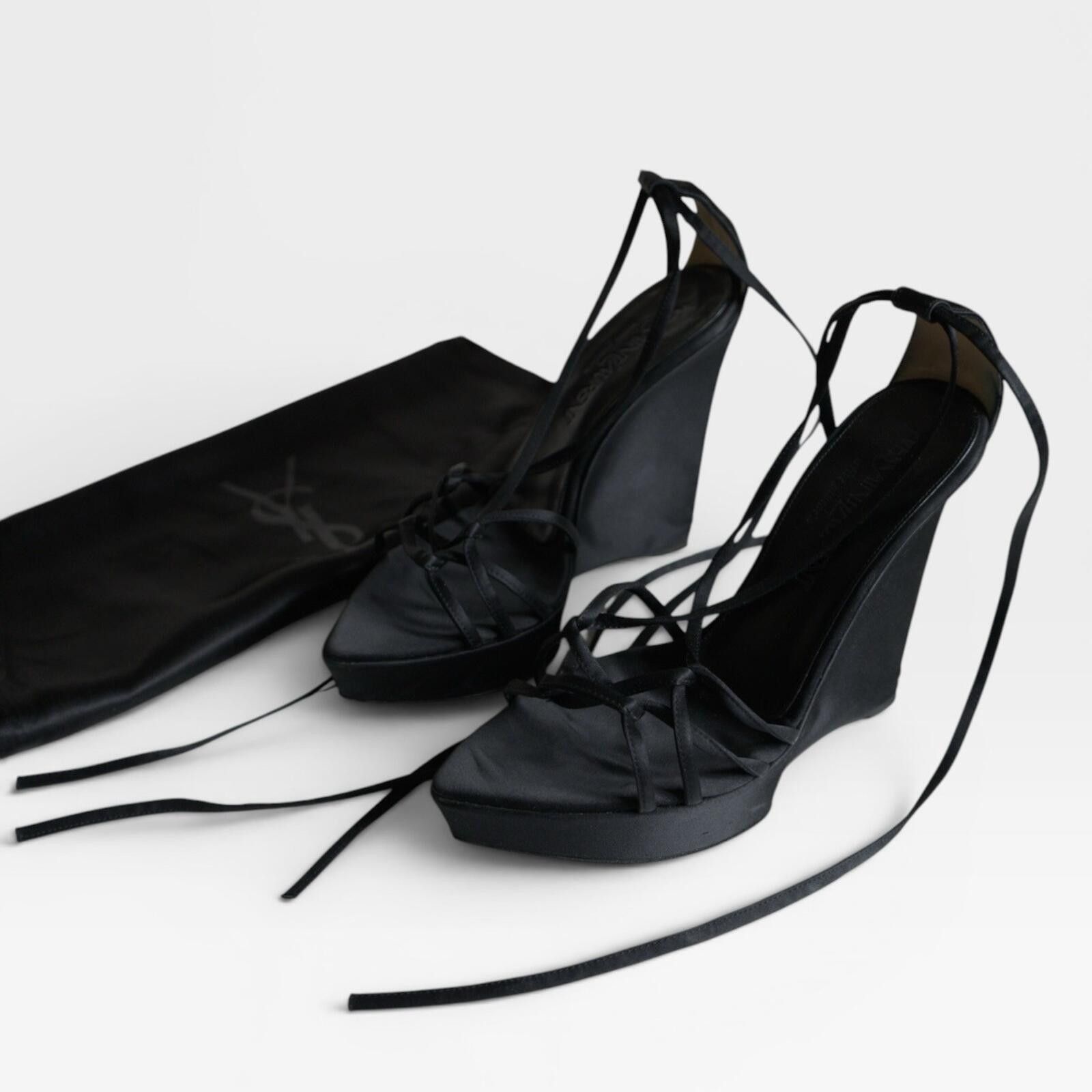 Saint Laurent Paris S/S 2001 Yves Saint Laurent Satin Lace-Up Heels VINTAGE Size US 7 / IT 37 - 1 Thumbnail