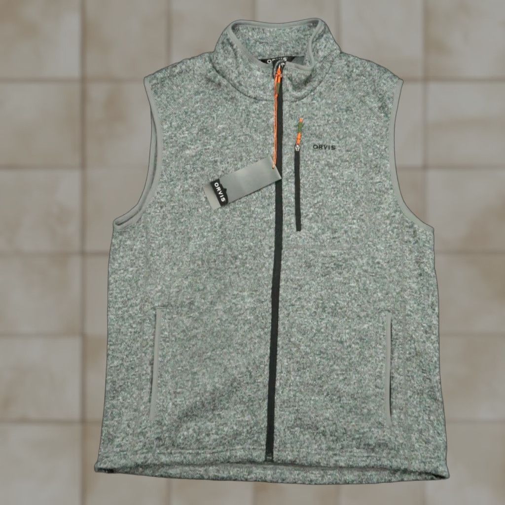 VINTAGE Orvis Vest Mens Medium Gray Fleece Full Zip Pockets Outdoors Hiking NWT