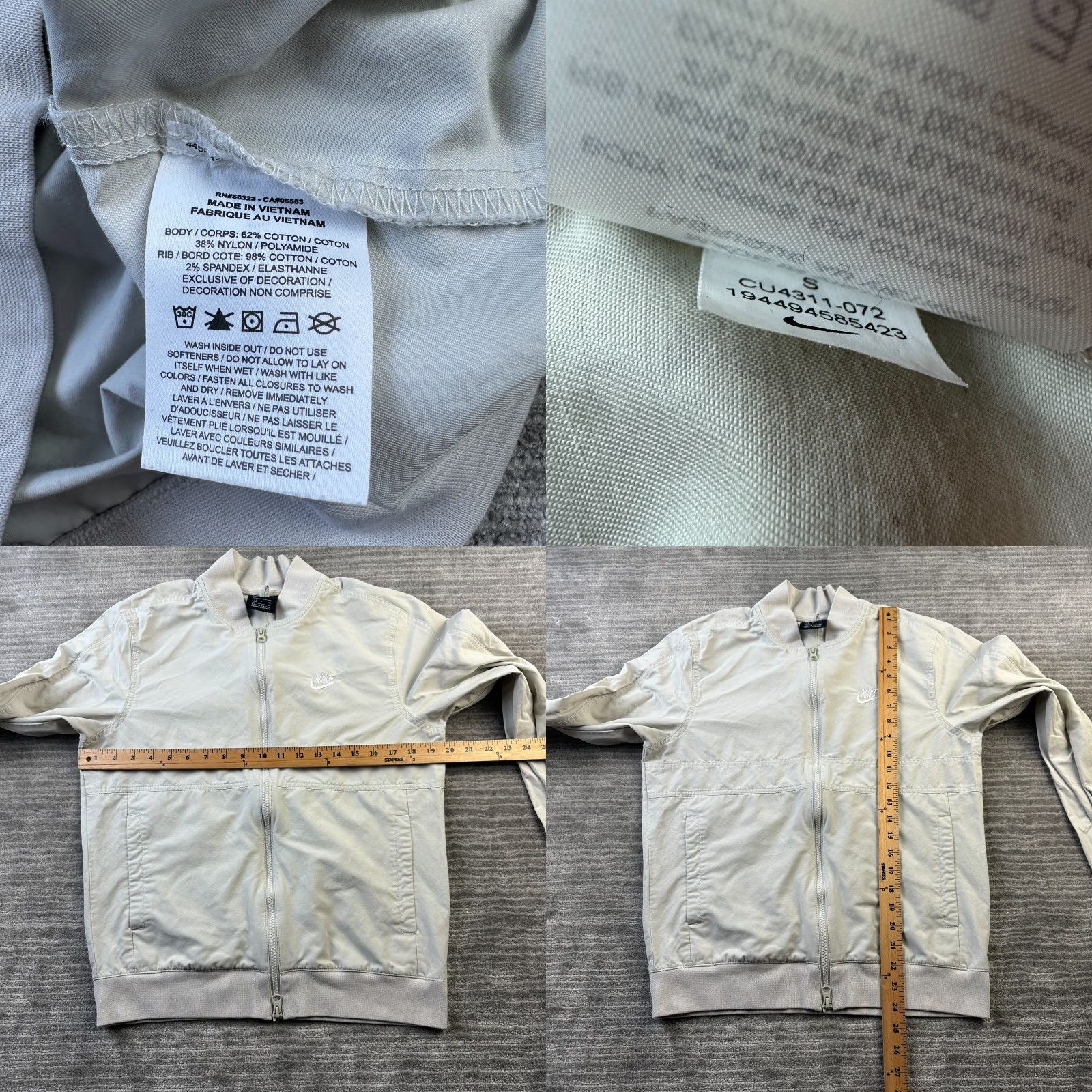 Nike Nike Jacket Mens Small Beige Tan Cream Bomber Woven Windbreaker Unlined Full Zip Pockets Size US S / EU 44-46 / 1 - 8 Thumbnail