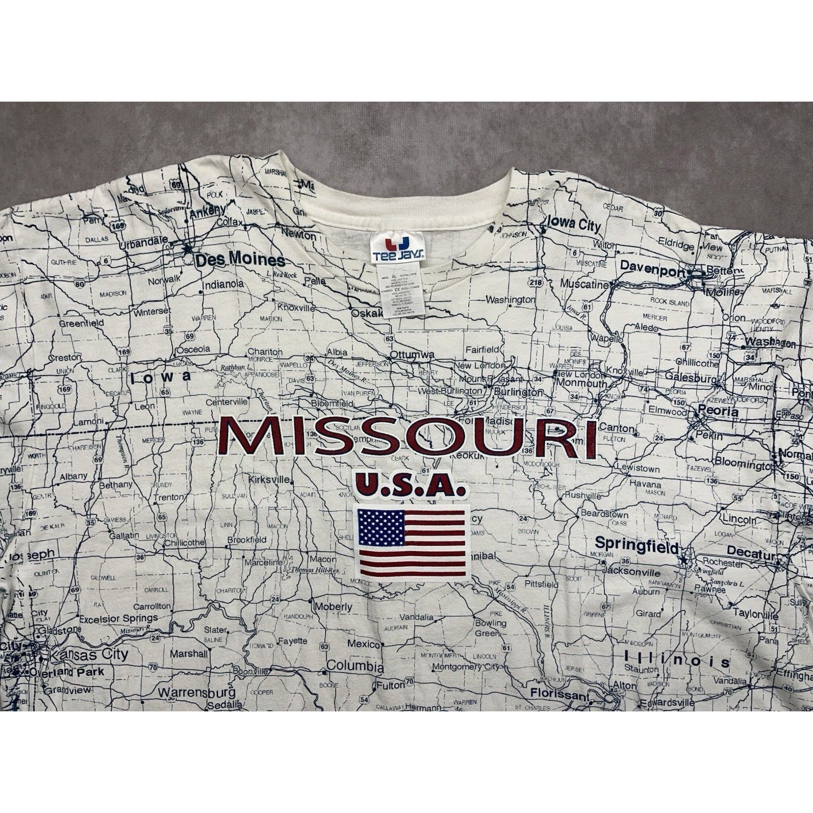 TEE JAYS VTG 90s Tee Jays Missouri USA Map T-Shirt AOP XL White KC St Size US XL / EU 56 / 4 - 3 Thumbnail