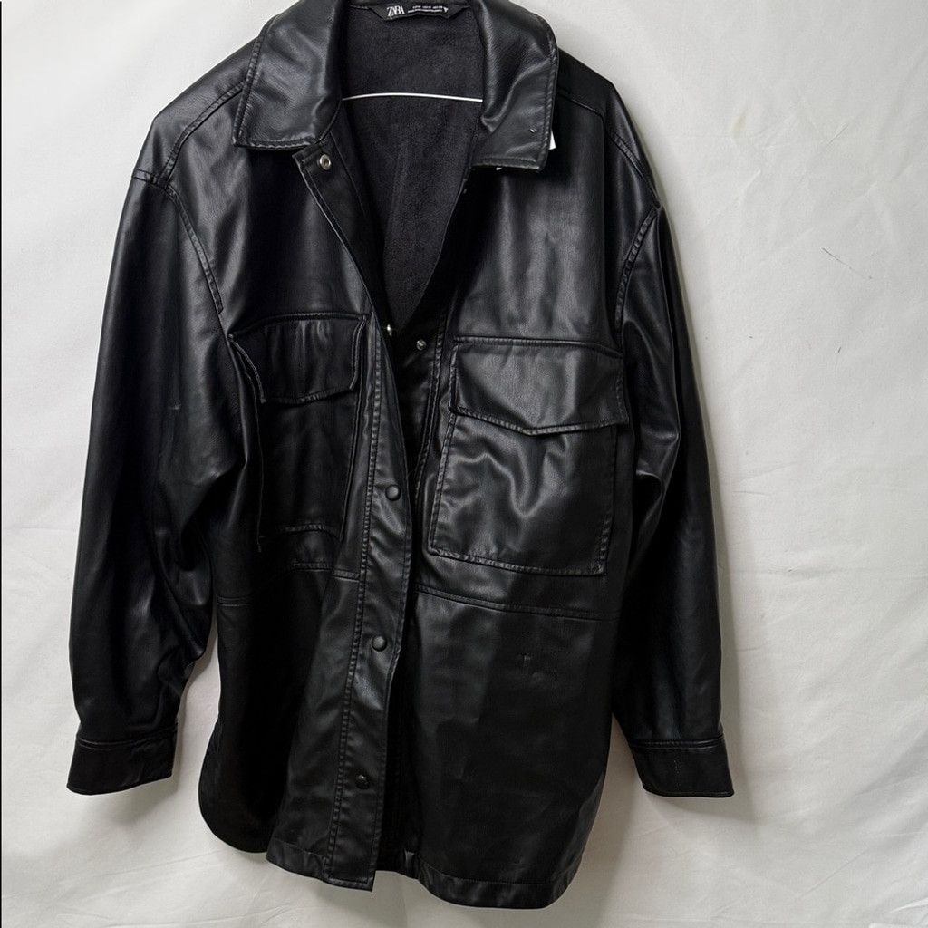 Zara ZARA black button down winter rain faux leather jacket sz M Size US M / EU 48-50 / 2 - 1 Thumbnail