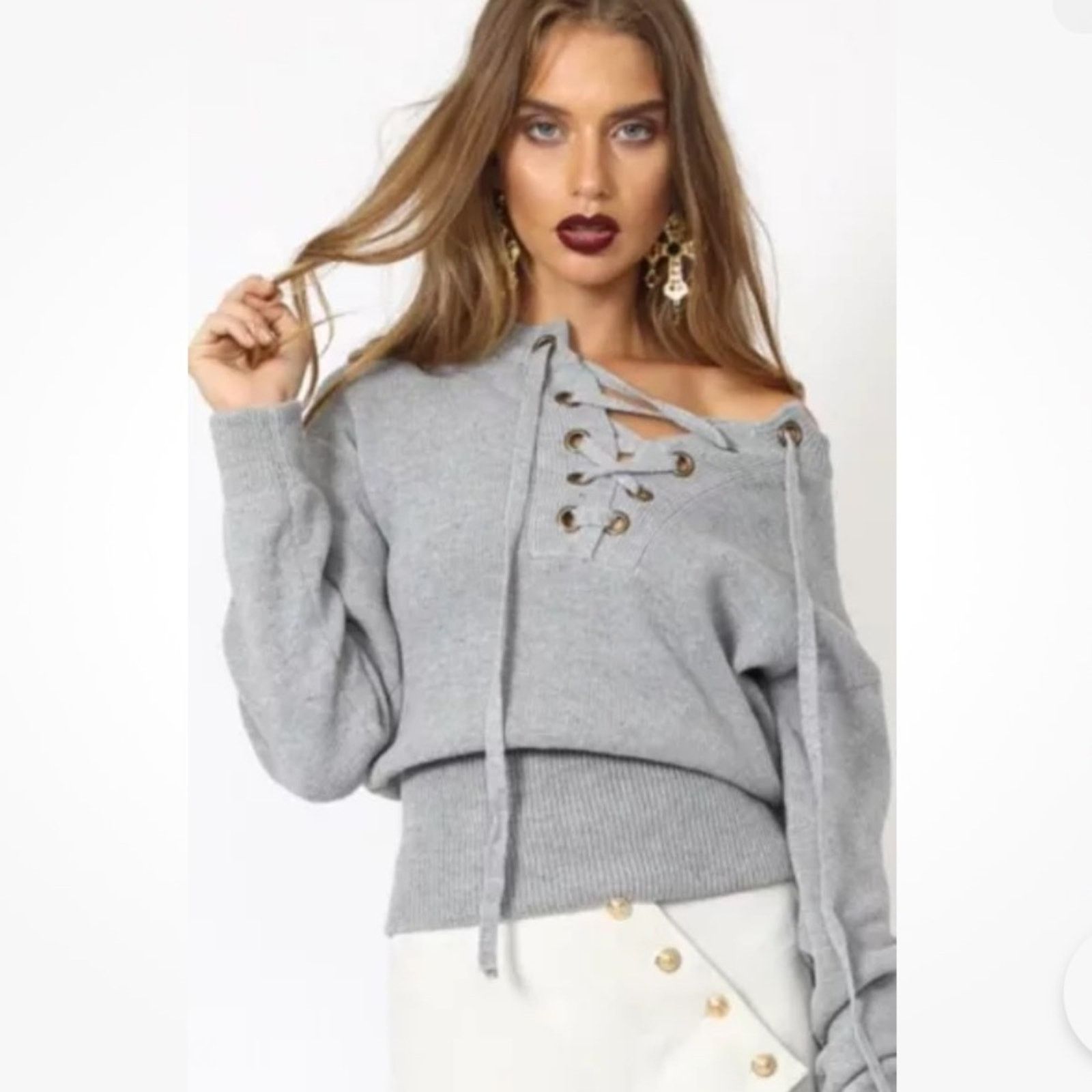 Lioness Lioness Gray Chunky Lace Up Knit Long Sleeve Sweater Sz S Size M / US 6-8 / IT 42-44 - 1 Thumbnail
