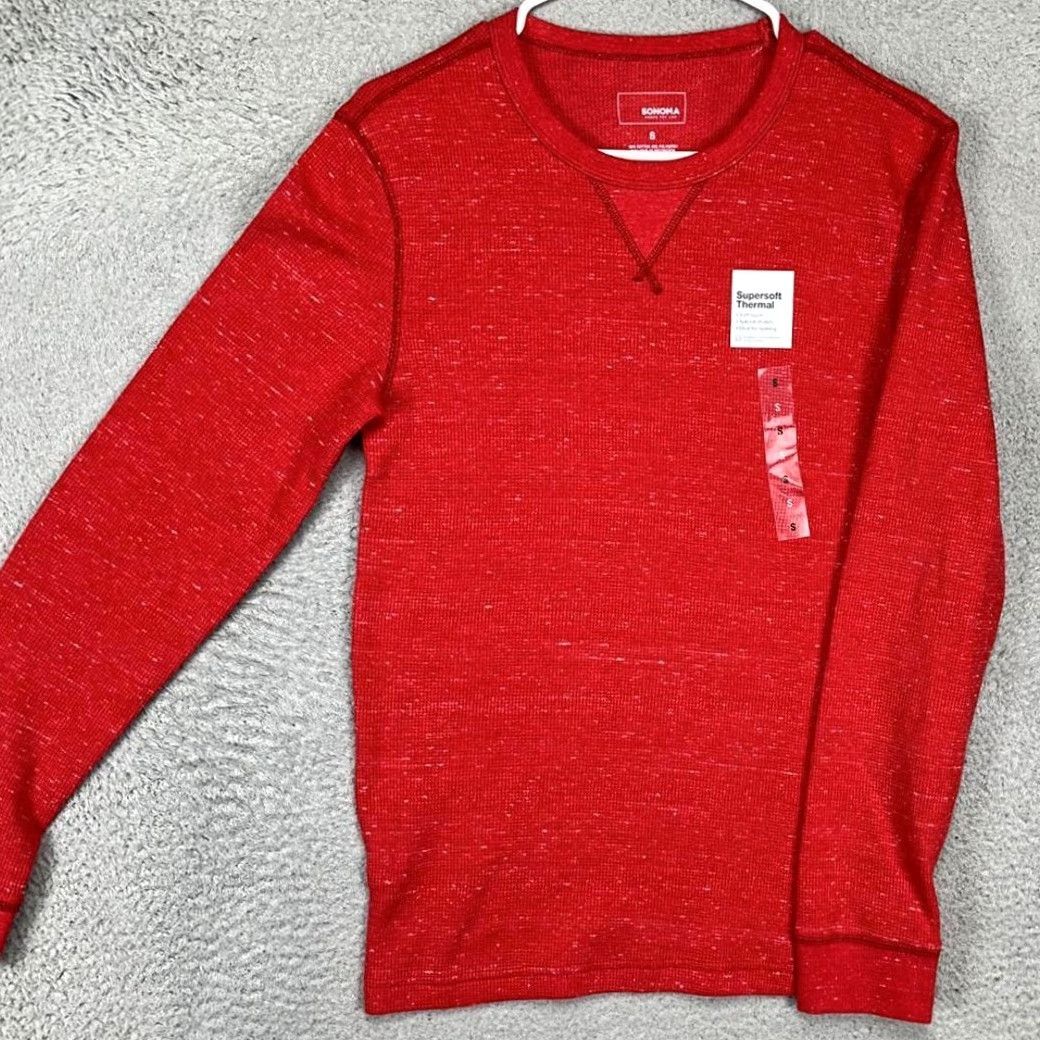 Vintage Sonoma Mens Sweatshirt Sweater Adult Small Red Waffle-Knit Crewneck Pullover Thermal Knit Shirt Casual Outdoor Walking | Veg? Size US S / EU 44-46 / 1 - 2 Thumbnail