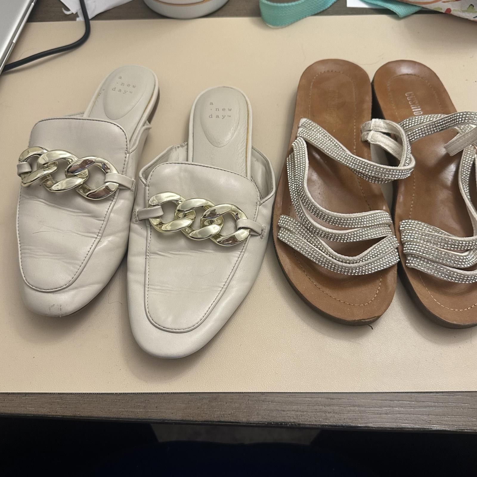 Designer 3 Chic Ladies Sandals - White Mules and Beaded Flip Flops Size US 8.5 / IT 38.5 - 1 Thumbnail