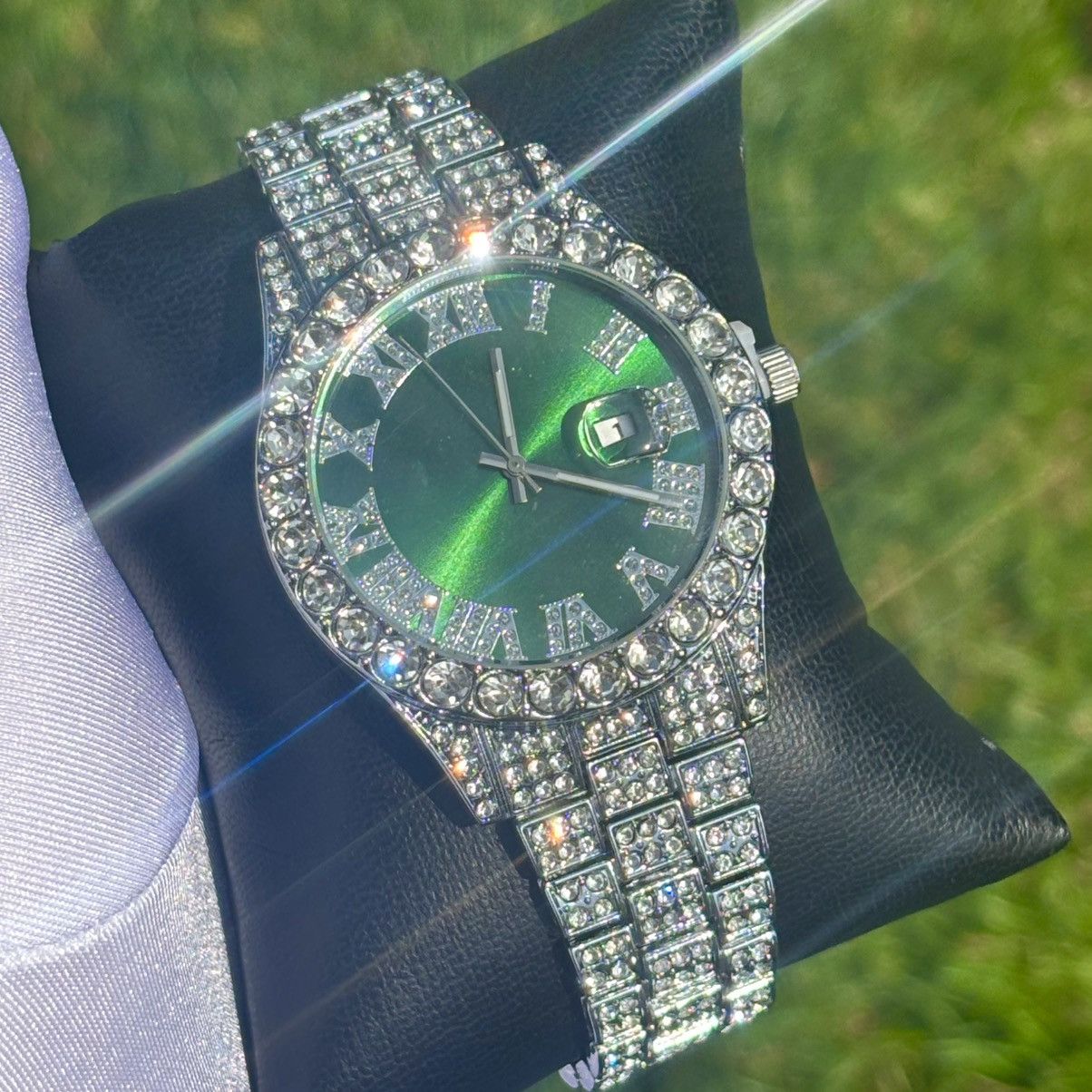 Other Iced Out Watch Presidential Style Green Face Size ONE SIZE - 1 Thumbnail