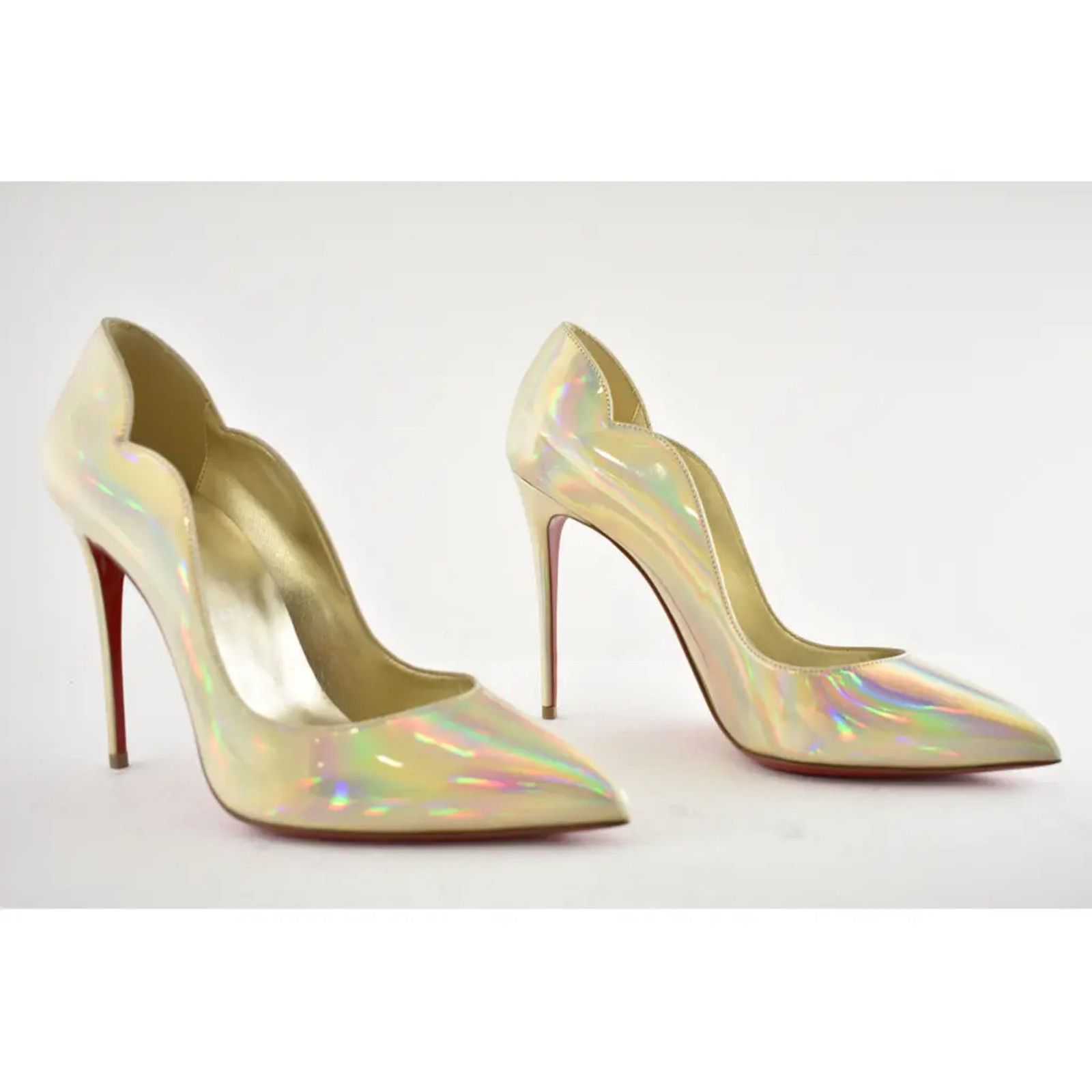 Christian Louboutin Hot Chick 100 Patent Psychic Gold Platine AB Heel Pump 39 Size US 9 / IT 39 - 4 Thumbnail