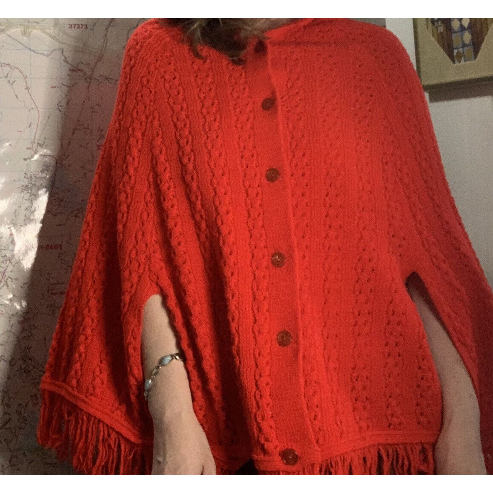 Vintage Vintage Glamour Knit Poncho Ladies Red Cape One Size Size ONE SIZE - 8 Thumbnail