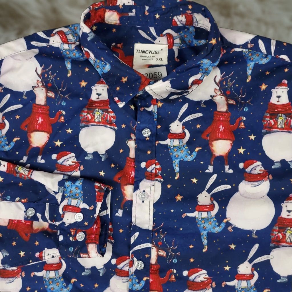 Vintage Tunevuse Shirt Mens 2XL Blue Christmas Snowman Stretch Button Up Long Sleeve Size US XXL / EU 58 / 5 - 1 Thumbnail