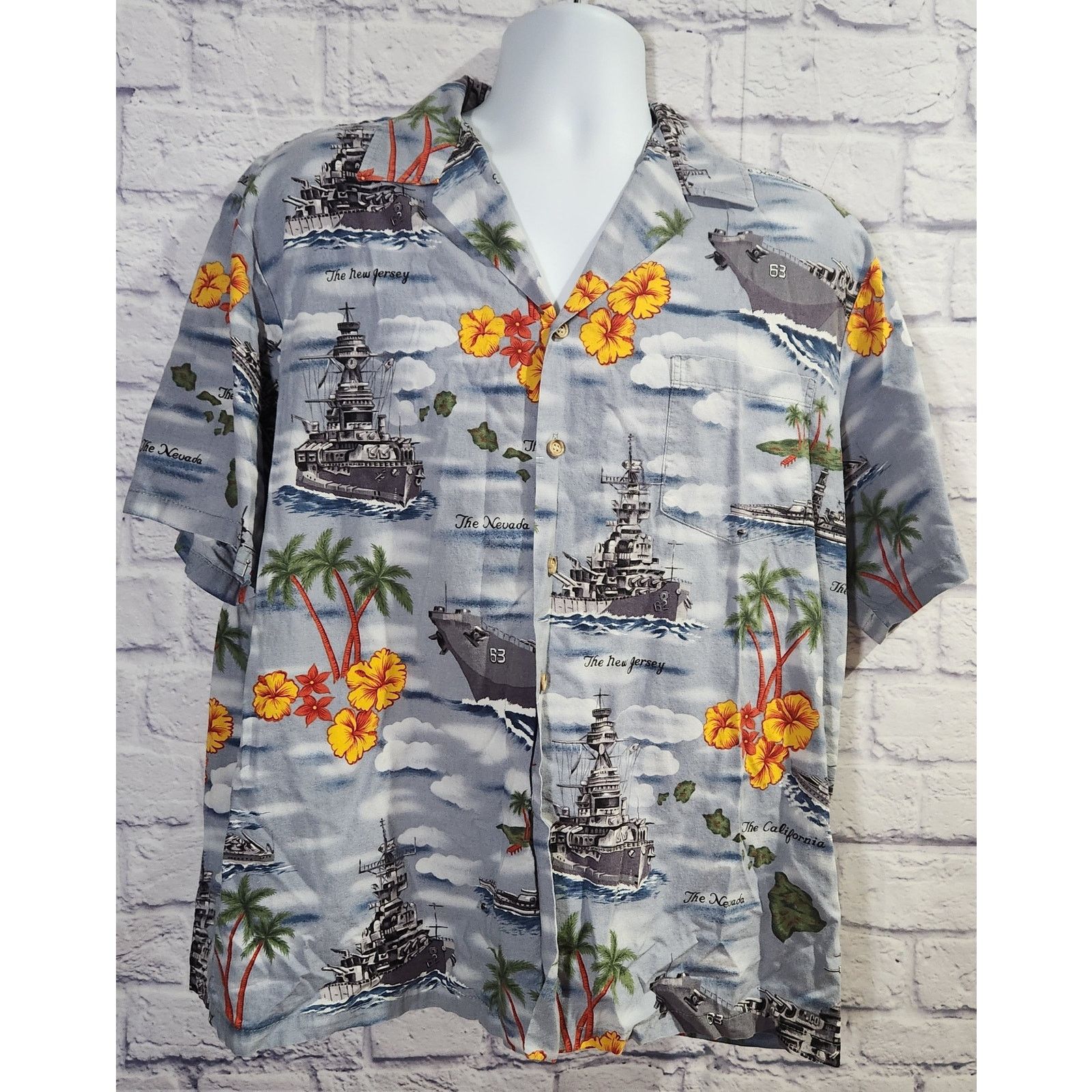 VTG Kalaheo Battleship Hawaiian Print Button Up Top XL