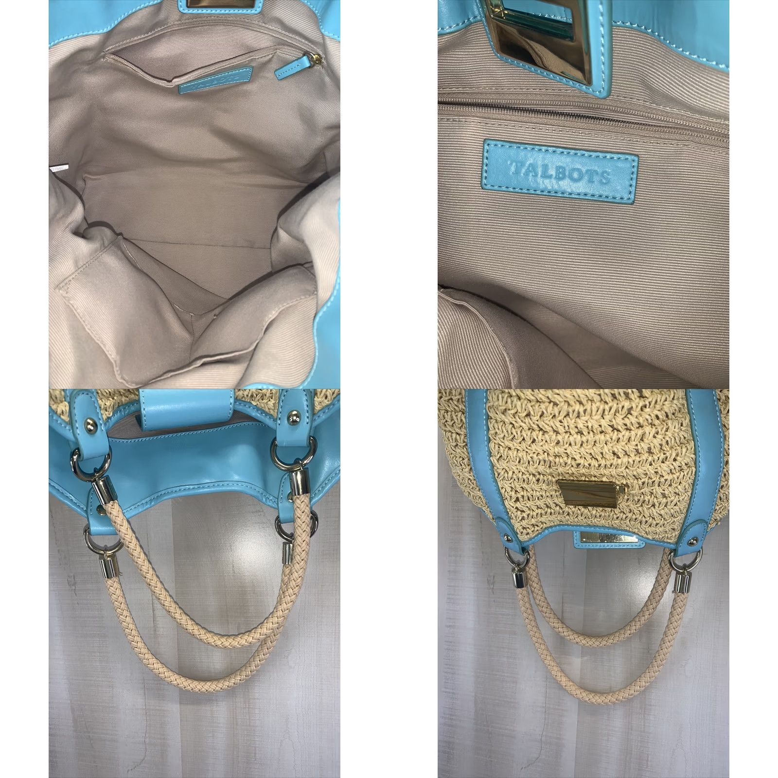 Talbots VINTAGE Talbots Paper Straw Woven Bag Shoulder Bag Womens Teal Blue Leather Trim Gold Accents Size ONE SIZE - 8 Thumbnail