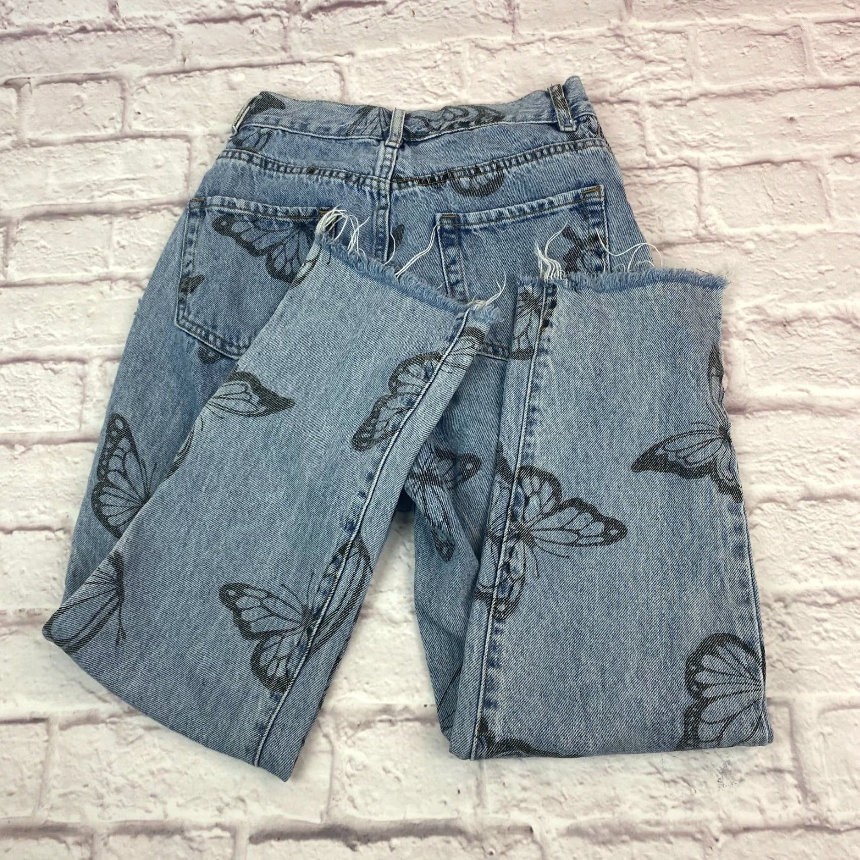 Pacsun PacSun Womens High Rise Straight Jeans Size 25 Blue Butterfly Print Ankle Raw Hem PacSun Jeans 5-Pocket Design Bagged Hem Mens Womens Size 42" / US 20 - 2 Thumbnail