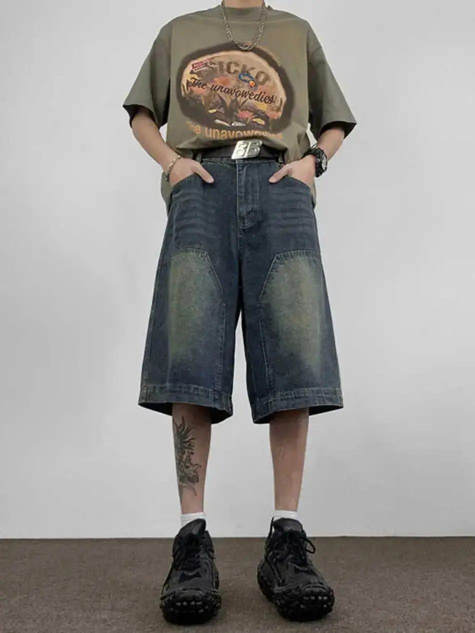 Retro washed straight leg wide leg denim shorts