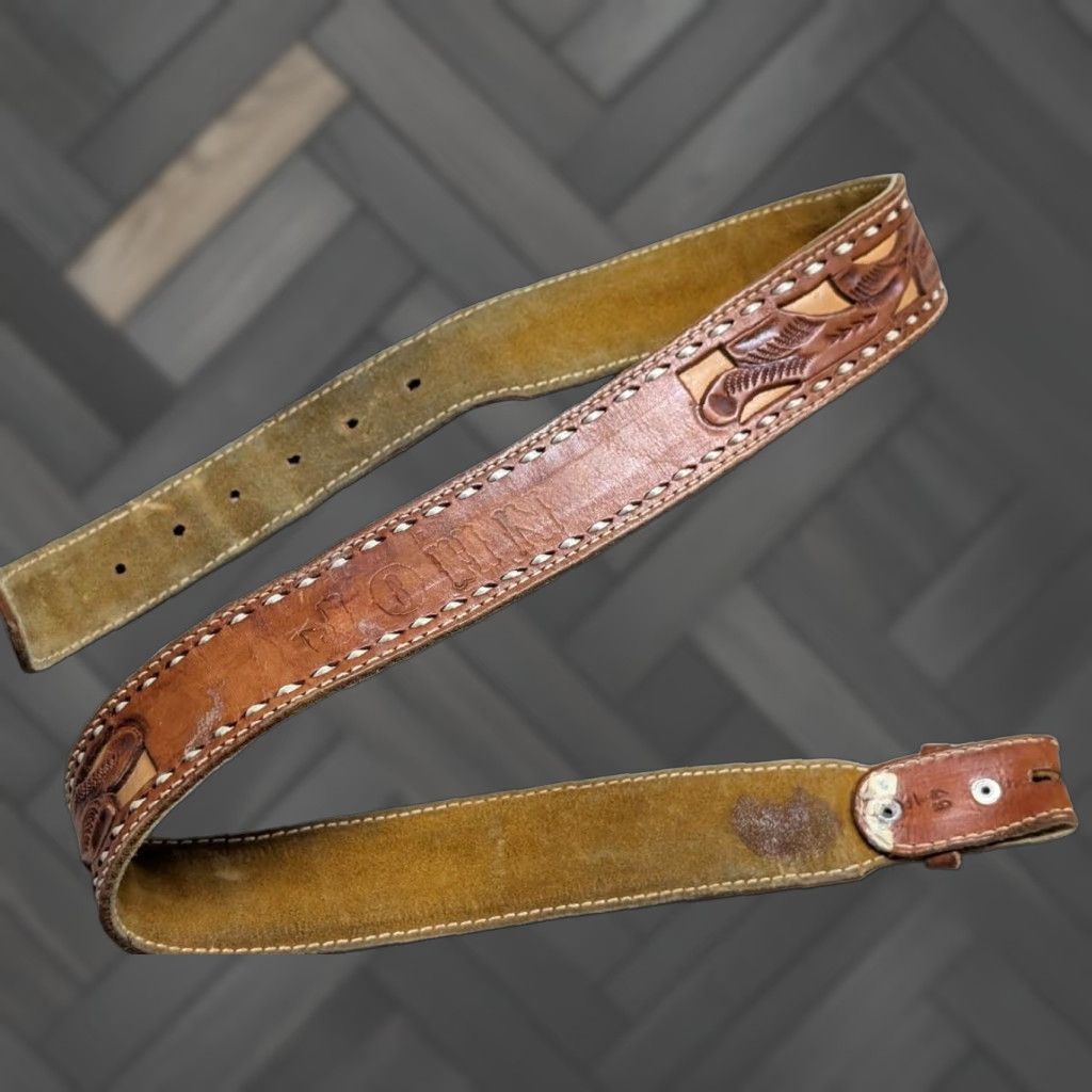 Vintage VINTAGE JOHN belt WESTERN belt Adult Men 42 Brown leather tooled buckle 1-7/8" Western Mens Size 42 - 1 Thumbnail