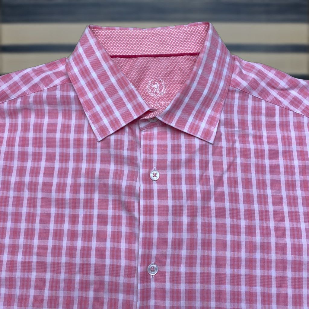 VINTAGE Bugatchi Uomo Dress Shirt Pink Plaid Men's Size 16 Casual