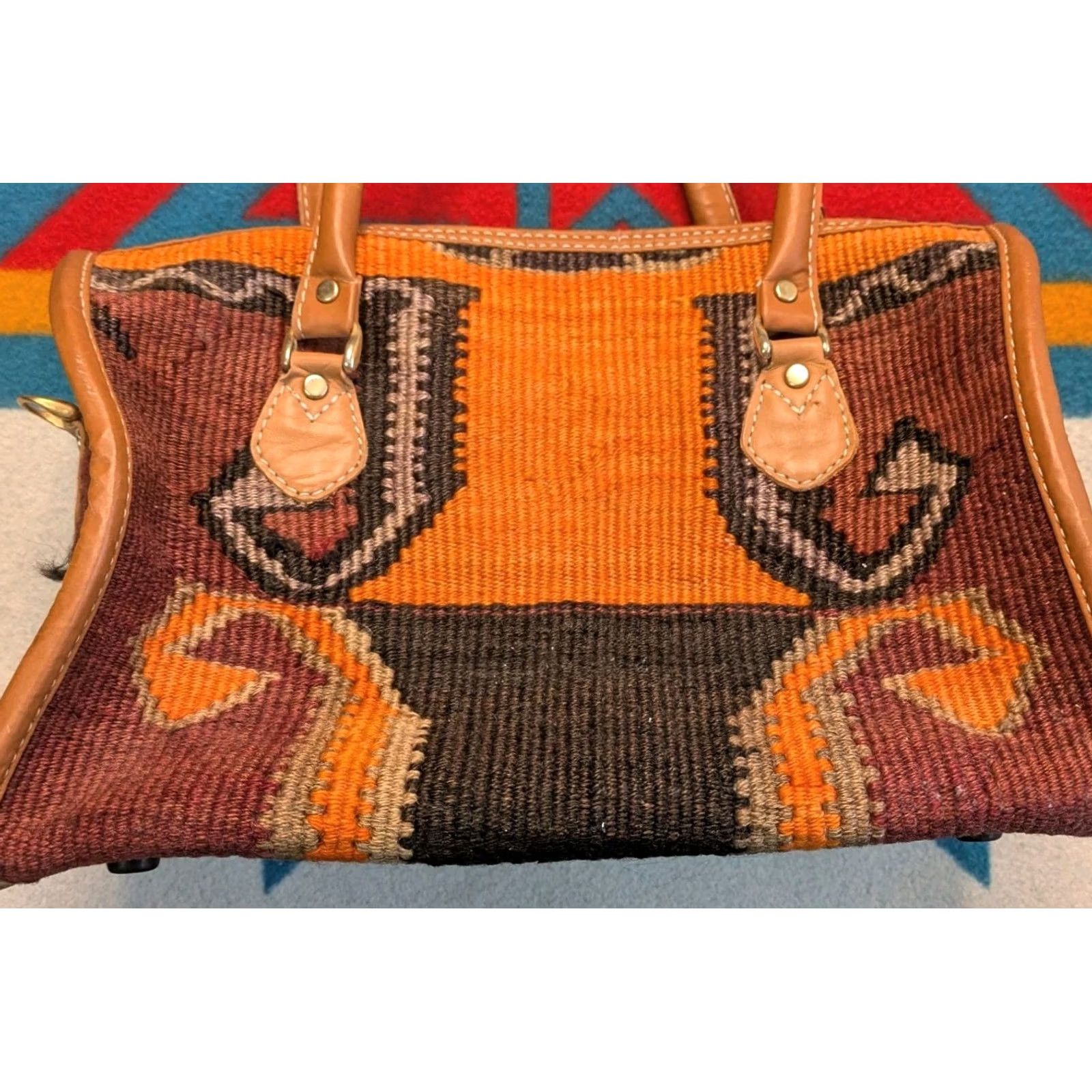 Vintage VINTAGE Durusel Hand Made Kilim Carpet Bag Purse Wool Leather Turkish 13x10" Womens Size ONE SIZE - 6 Thumbnail