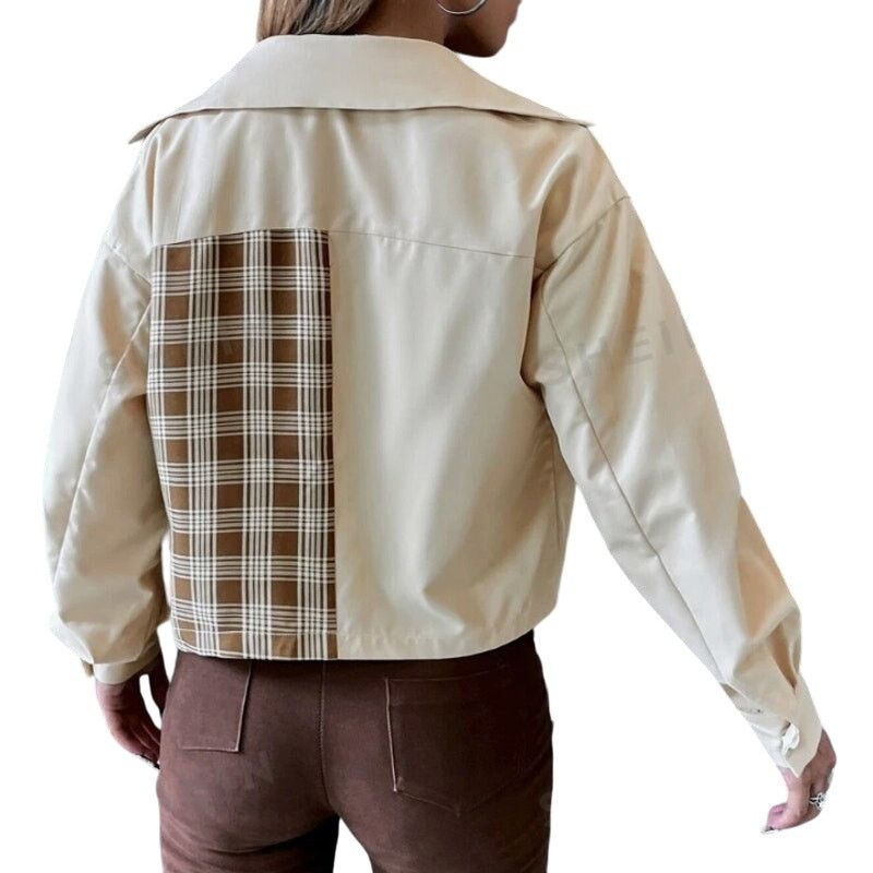 Shein Plaid Panel Flap Pocket Cropped Jacket in Brown, Size M Size M / US 6-8 / IT 42-44 - 2 Thumbnail