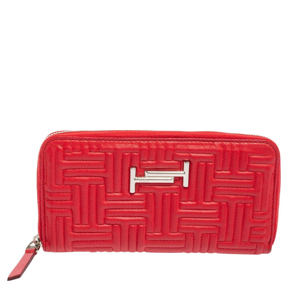 image of Tods Tod's Red Leather Double T Zip Around Continental Wallet in Black, Women's