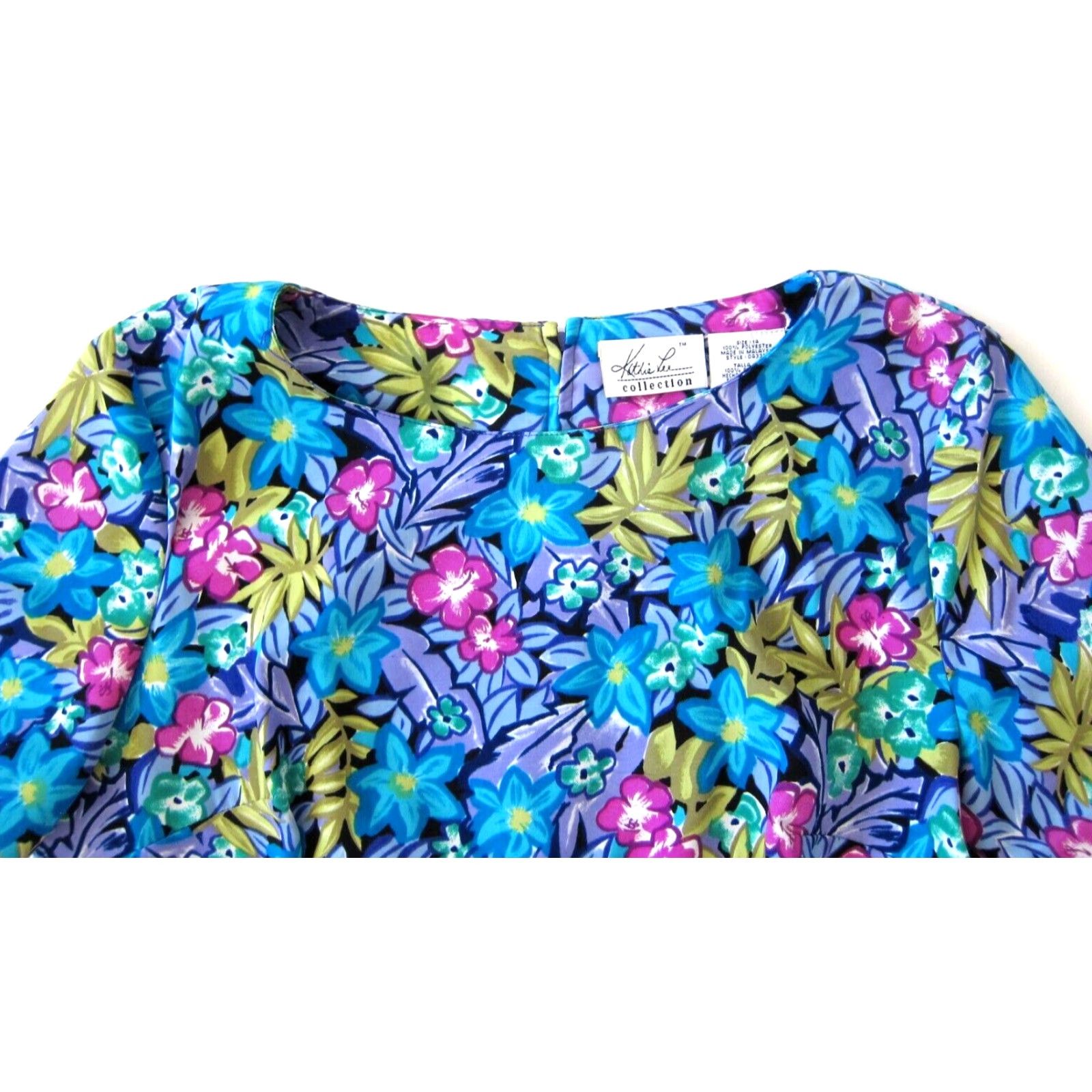 Lee VINTAGE Kathie Lee Collection Pink Floral Short Sleeve Tunic Dress 14 Green Blue Yellow Zipper Knee Length Casual Formals 90s? Size 36" / US 14 / IT 50 - 4 Thumbnail