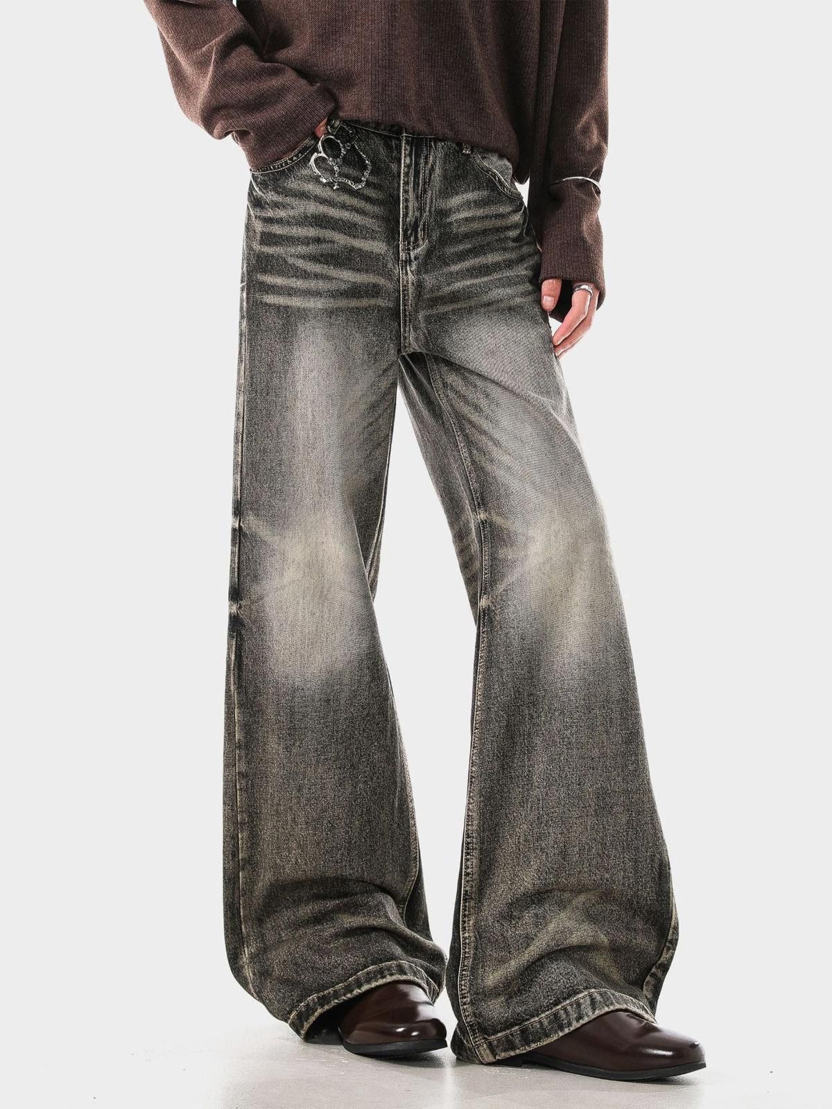 Black Distressed Wide Leg Jeans Baggy Denim Pants