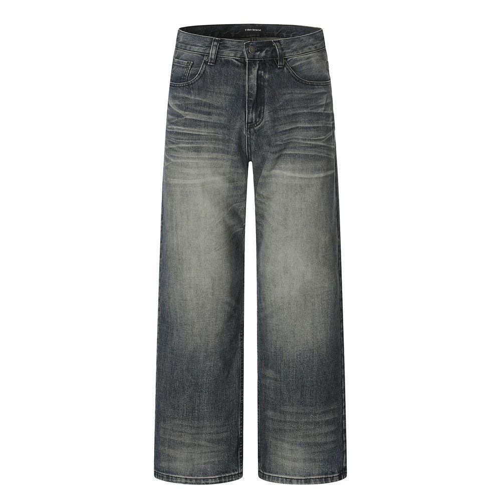 Men's punk retro washed distressed straight jeans