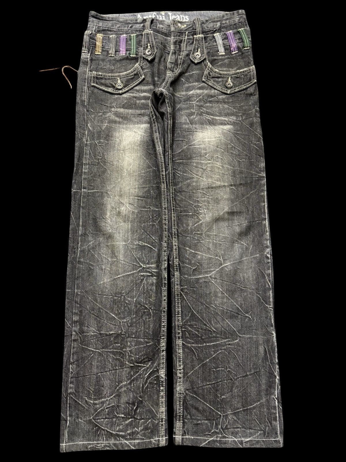 💥Cracked Fades💥Antfui Double Waist Black Wash Denim F642