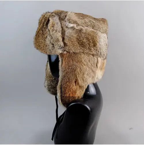 Designer Warm Natural Rabbit Fur Fluffy Hat With Earflaps Size ONE SIZE - 3 Thumbnail