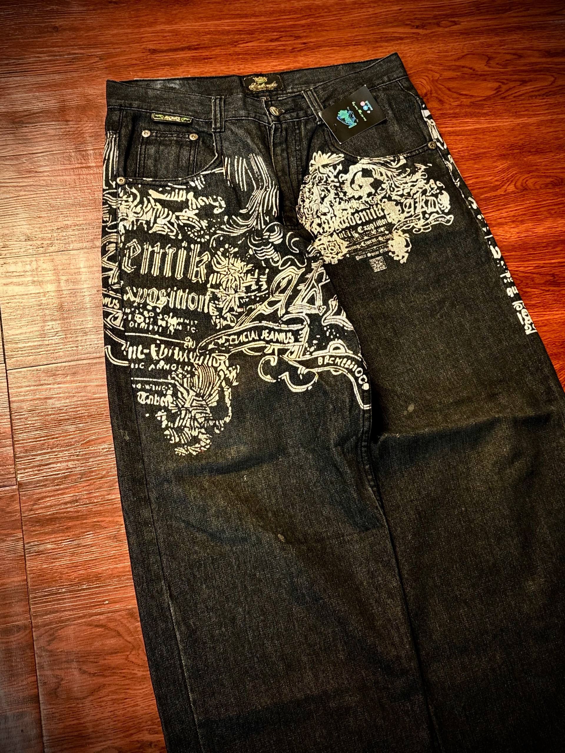JNCO Vintage 00s Black Akademiks Rare Back Prints Logo Denim Pant Size US 34 / EU 50 - 4 Thumbnail
