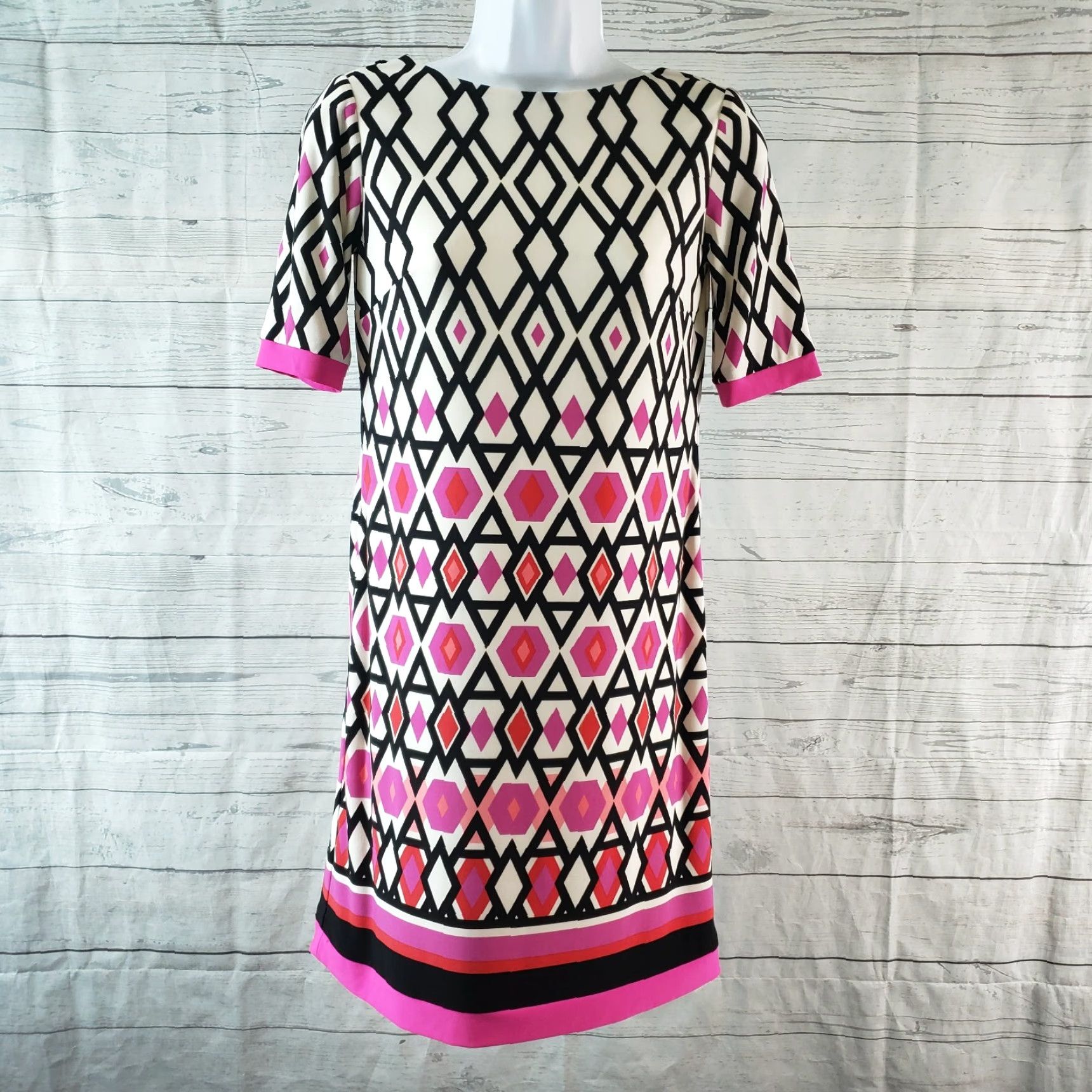 Vintage Eliza J Womens Dress 0P Black Pink Geometric Exposed Zipper Half Sleeve Short Dress Polyester Blend Zip Shift Petite Womens Size XS / US 0-2 / IT 36-38 - 2 Thumbnail