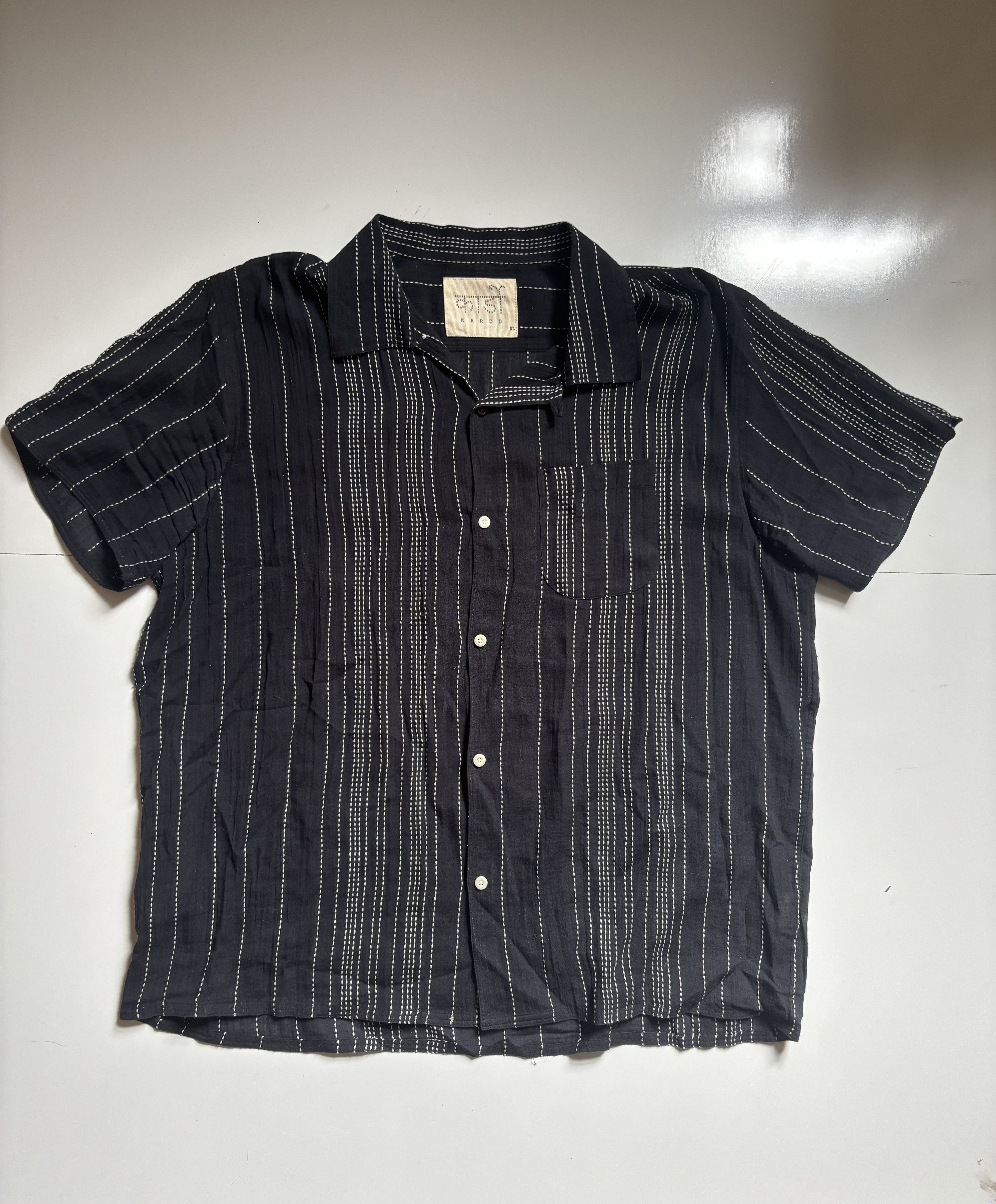 Kardo Kantha Striped Black Short Sleeve Button Down Shirt Size US XL / EU 56 / 4 - 1 Thumbnail