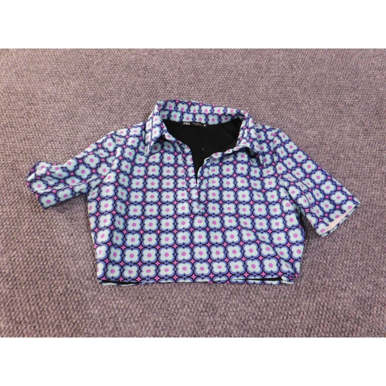 Zara Zara Women Tops M Purple Geometric Collar Polyester Pullover Short Sleeve Blouse Modern Casual Adult Womens Regular Machine Washable Size M / US 6-8 / IT 42-44 - 4 Thumbnail