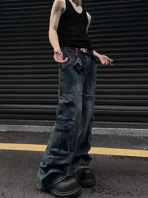 Jean Distressed washed zippered multi-pocket cargo jeans Size US 32 / EU 48 - 4 Thumbnail