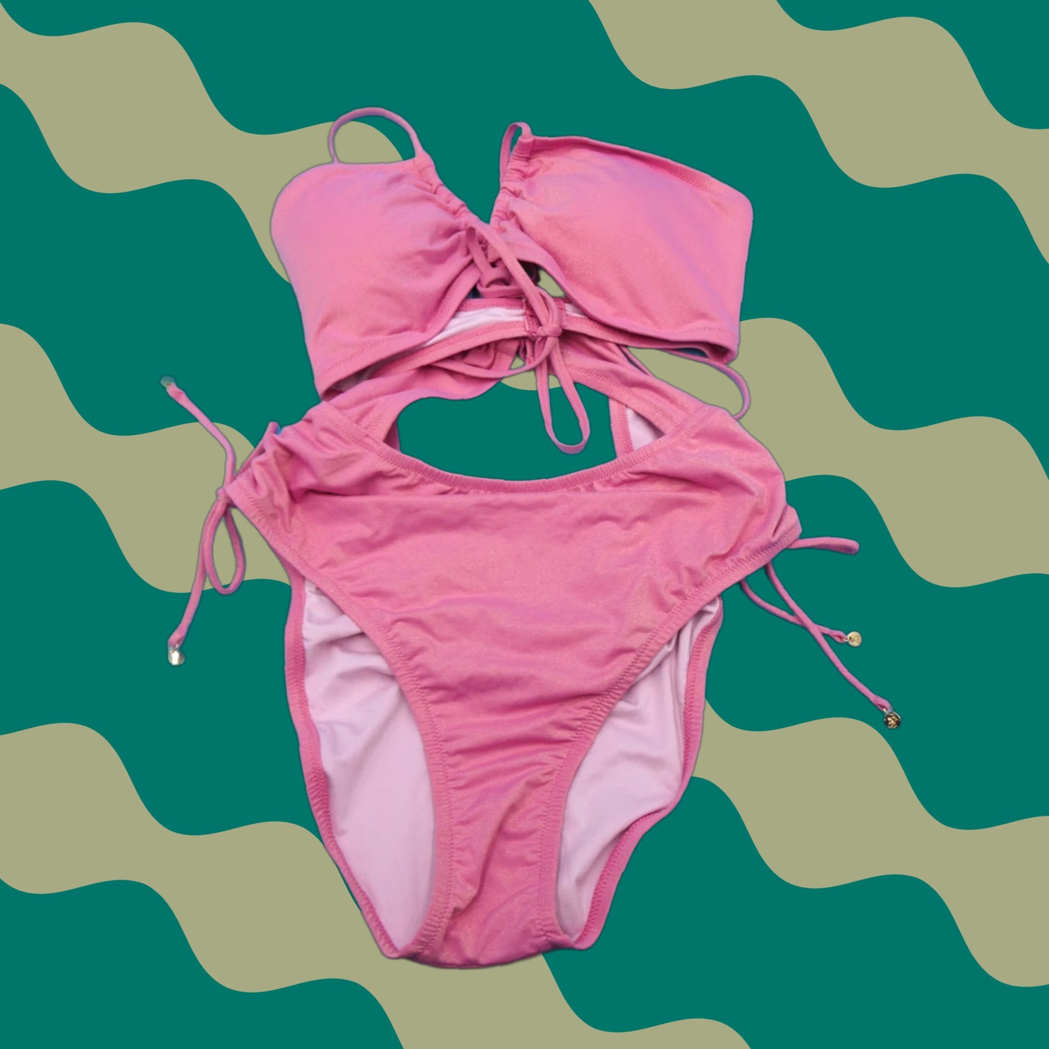 Viktorias Secret Pink Swimsuit One Piece XL Shimmer Tie Cutout Ruffle Beach New Womens
