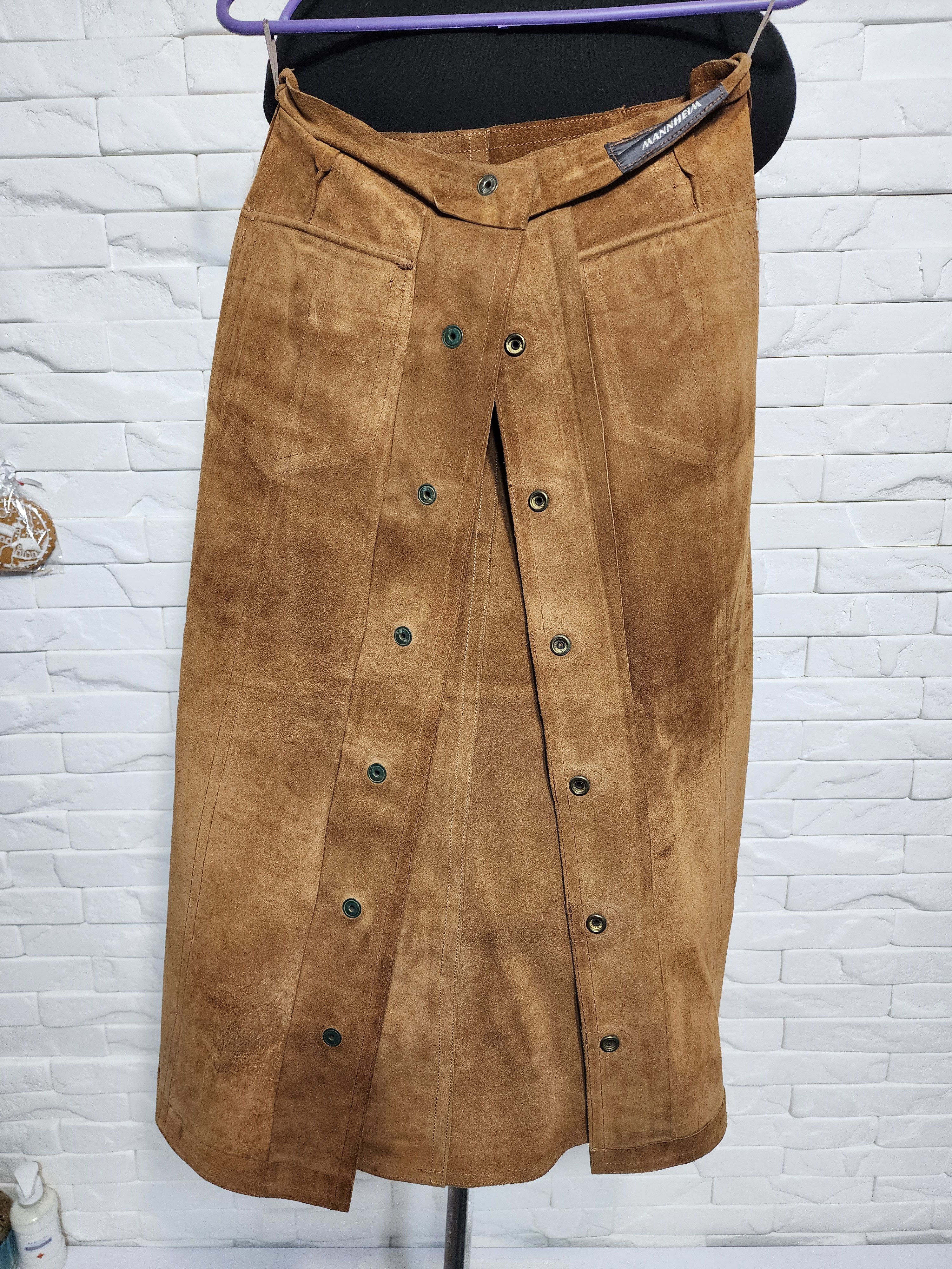 Other Brown Suede Leather Skirt, Metal Buttons Fasteners Size 28" / US 6 / IT 42 - 7 Thumbnail